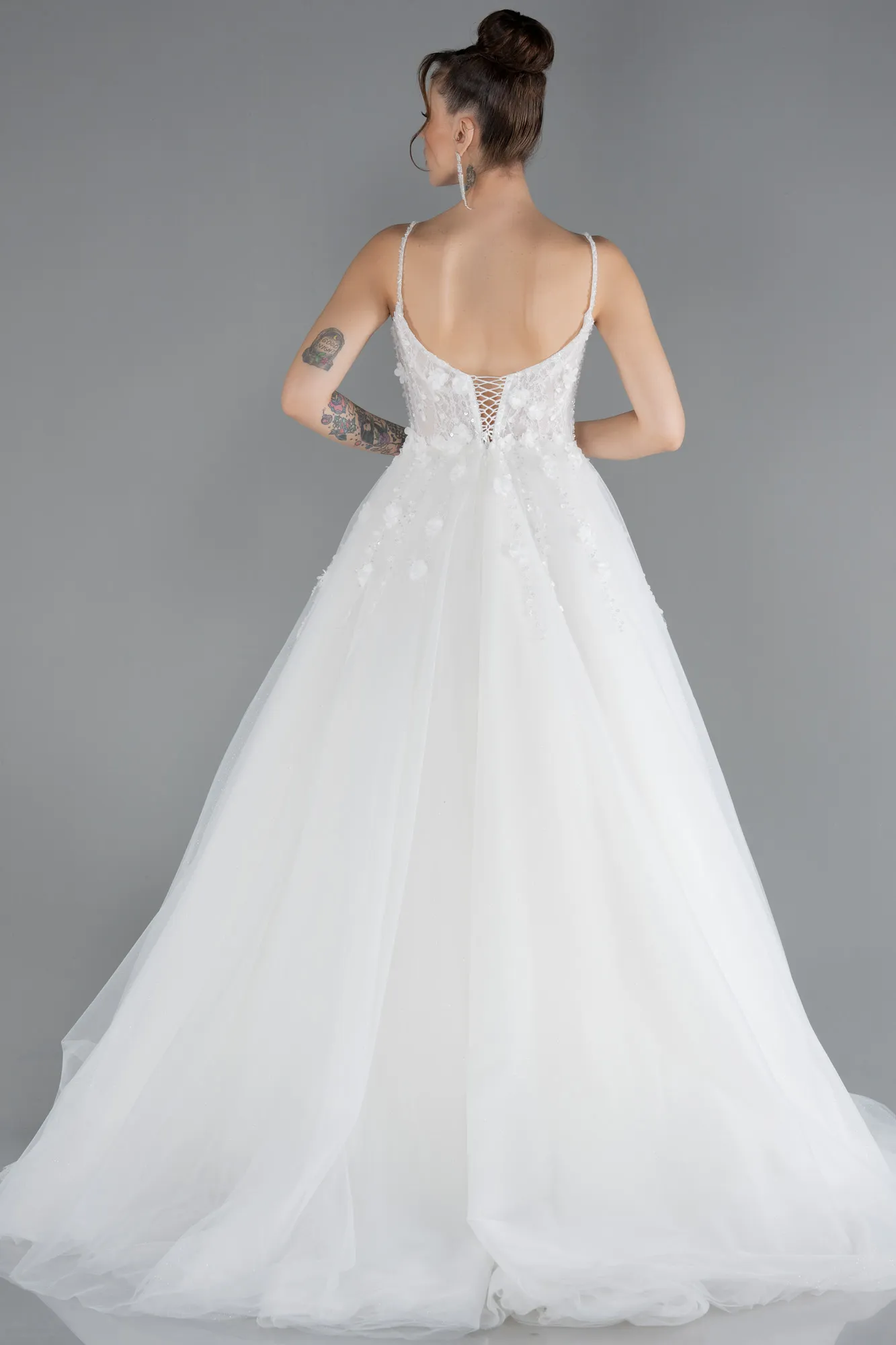 Ecru-Laced Straps Long Wedding Dress ABG039