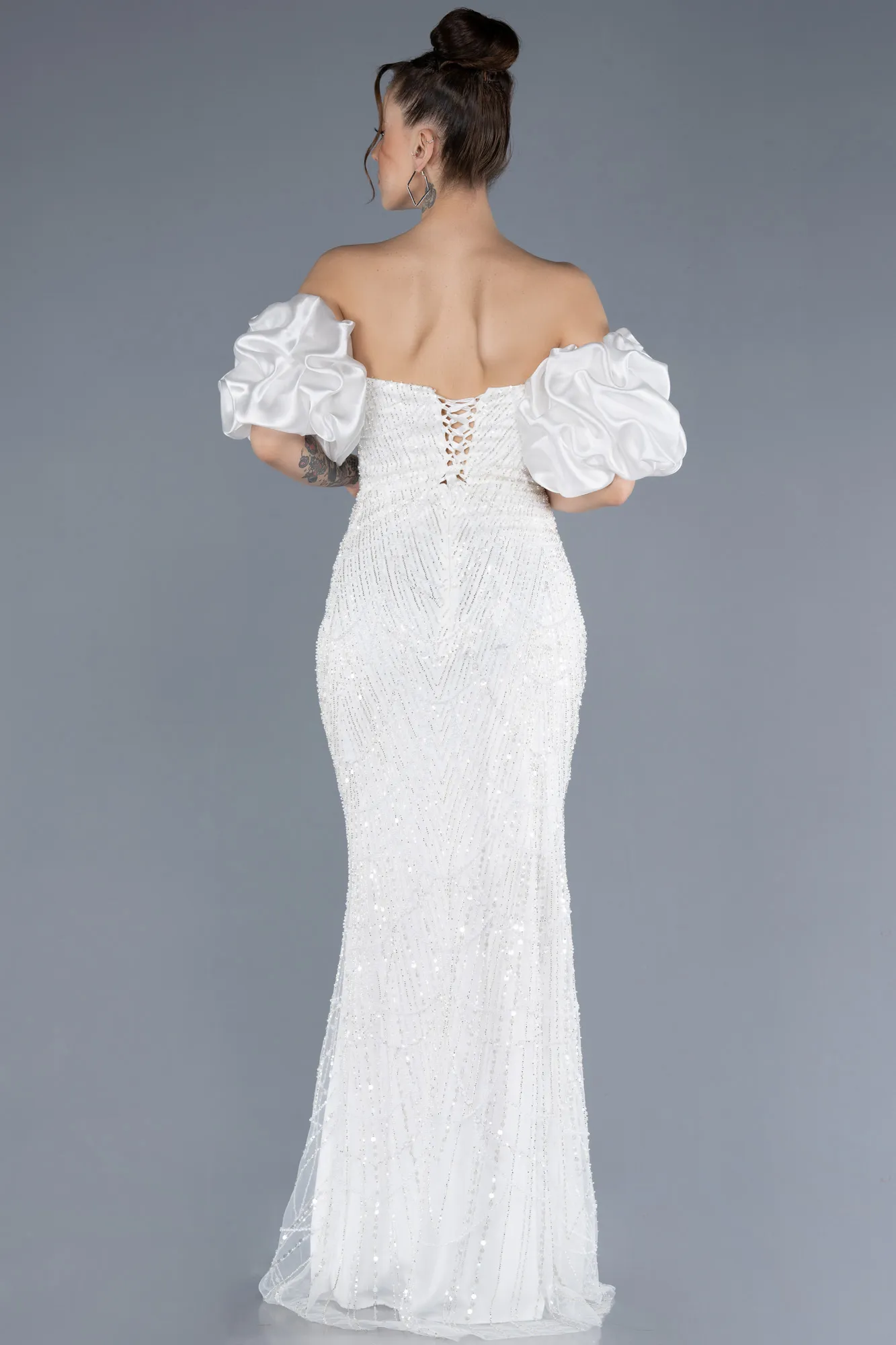 Ecru-Long Beaded Evening Dress ABU4616