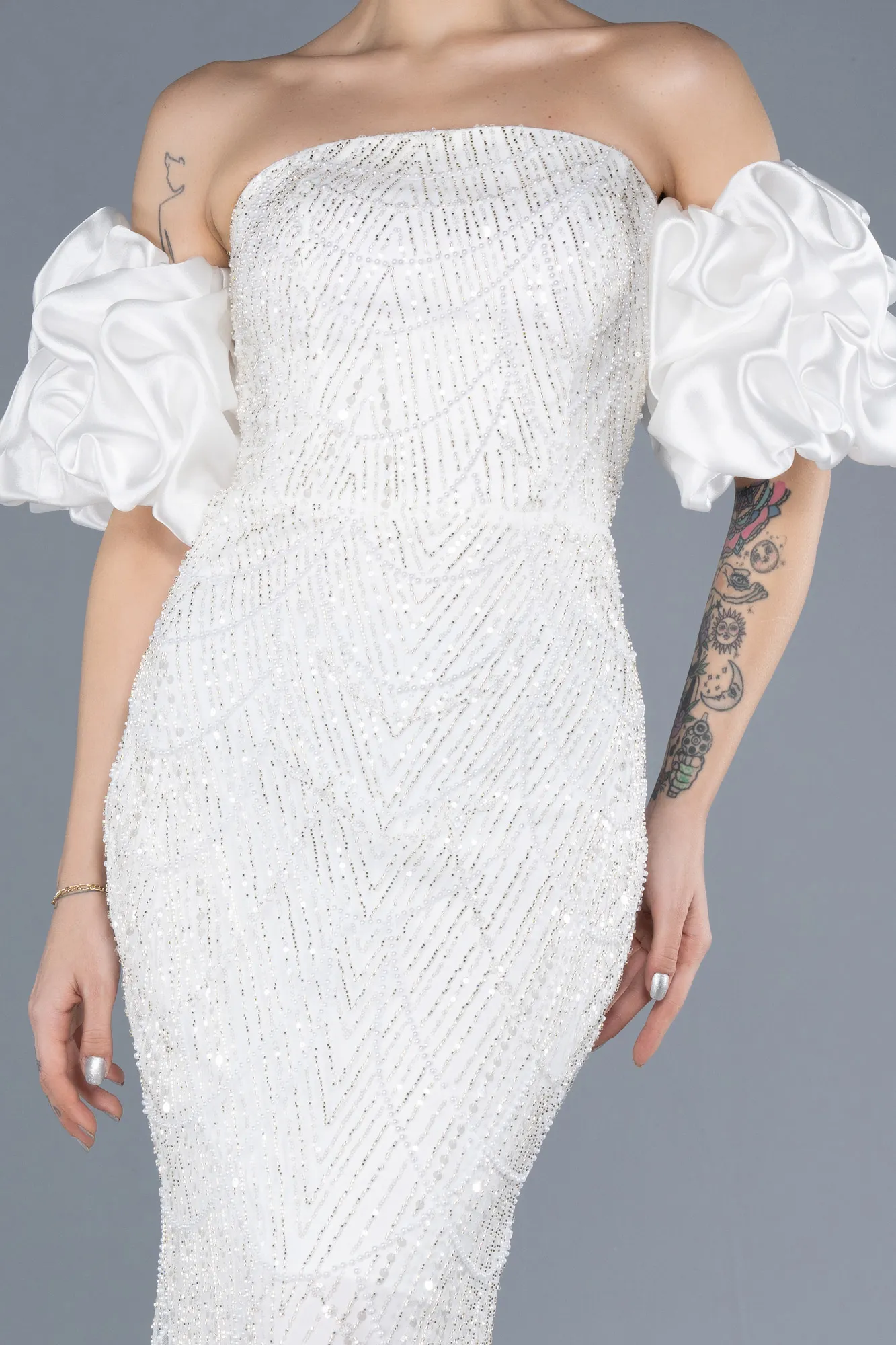 Ecru-Long Beaded Evening Dress ABU4616