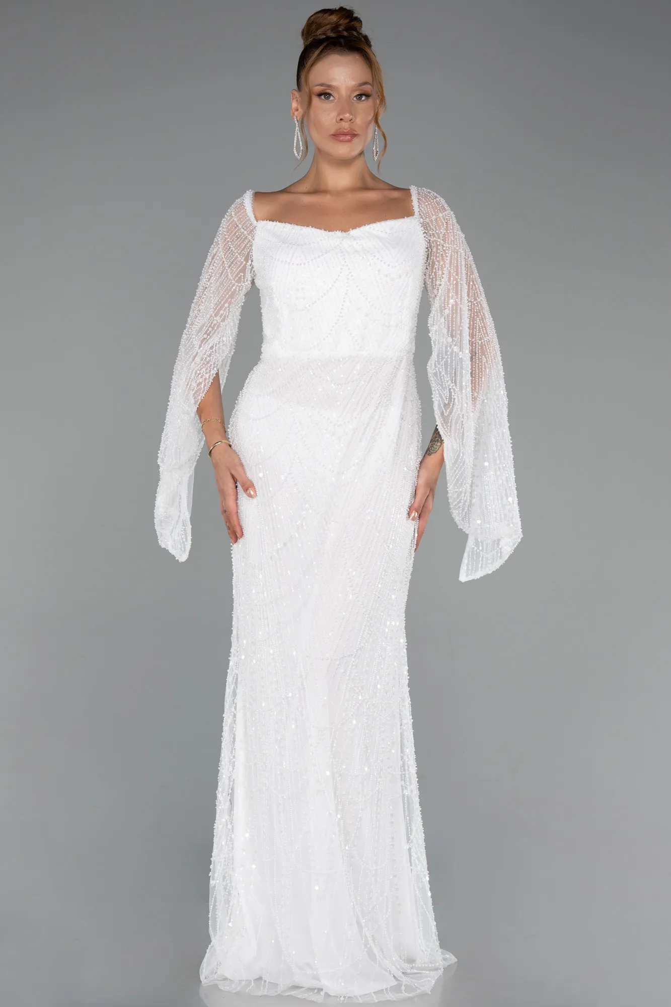 Ecru-Long Beaded Evening Dress ABU5066