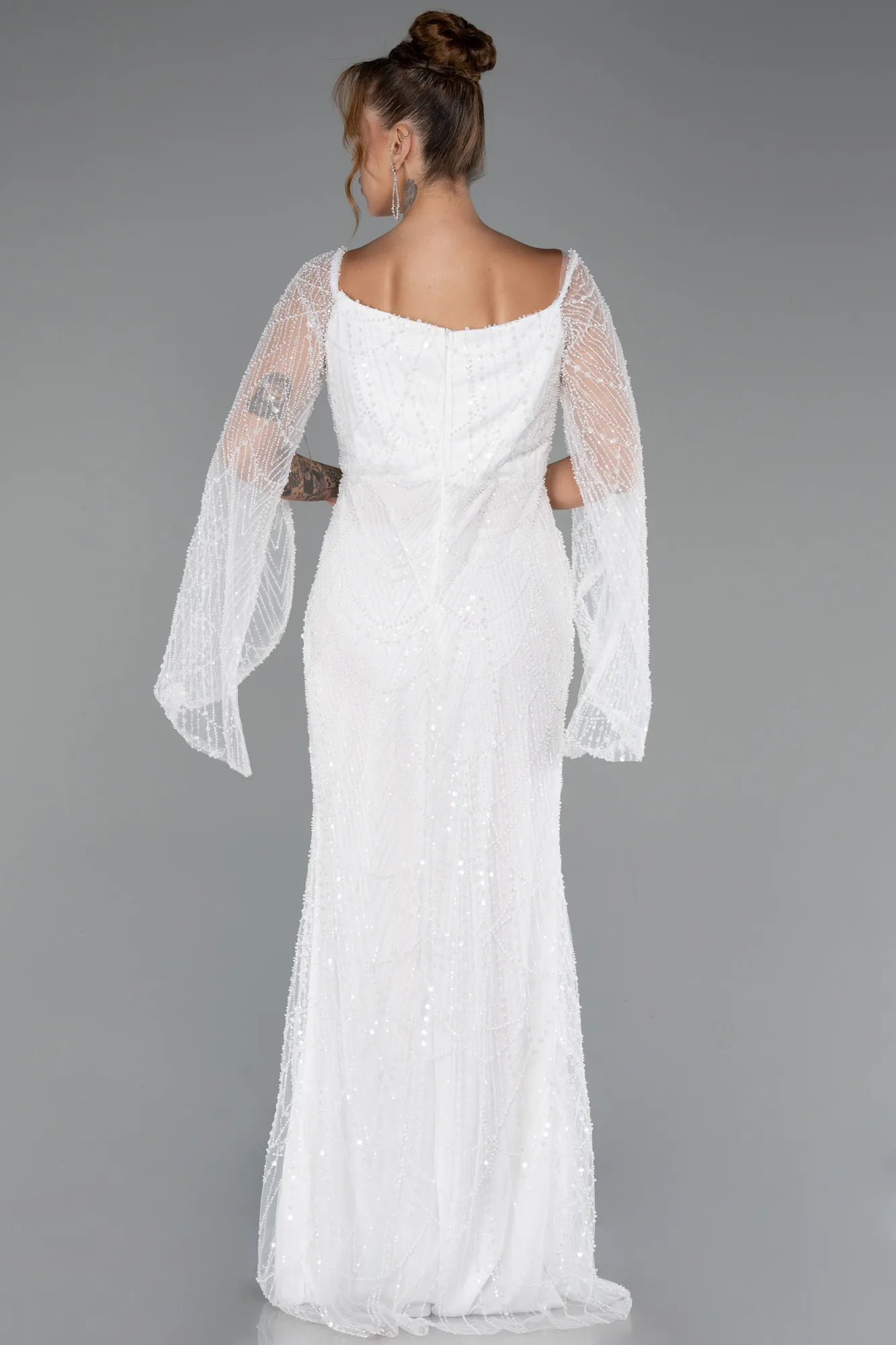 Ecru-Long Beaded Evening Dress ABU5066