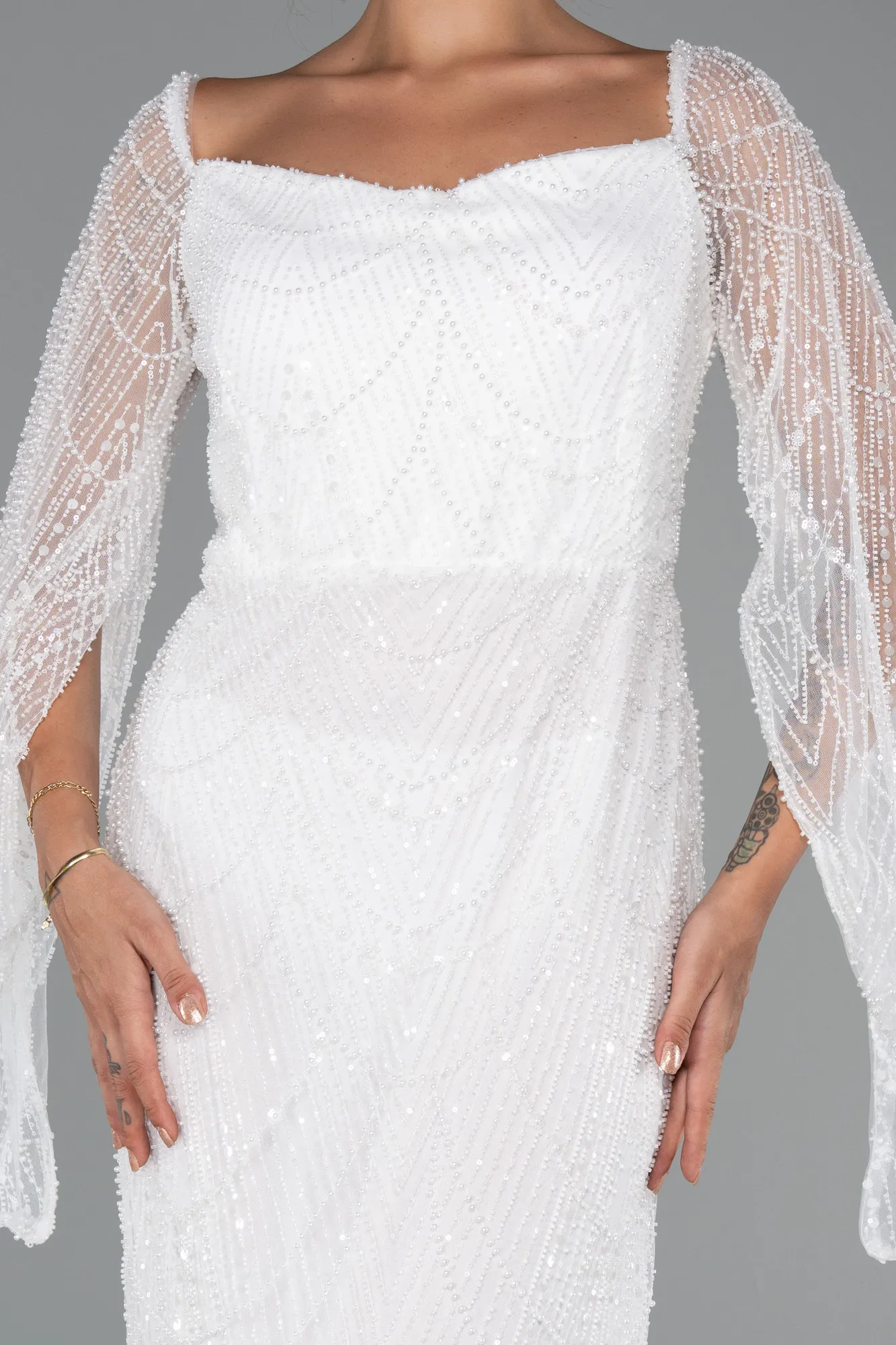 Ecru-Long Beaded Evening Dress ABU5066