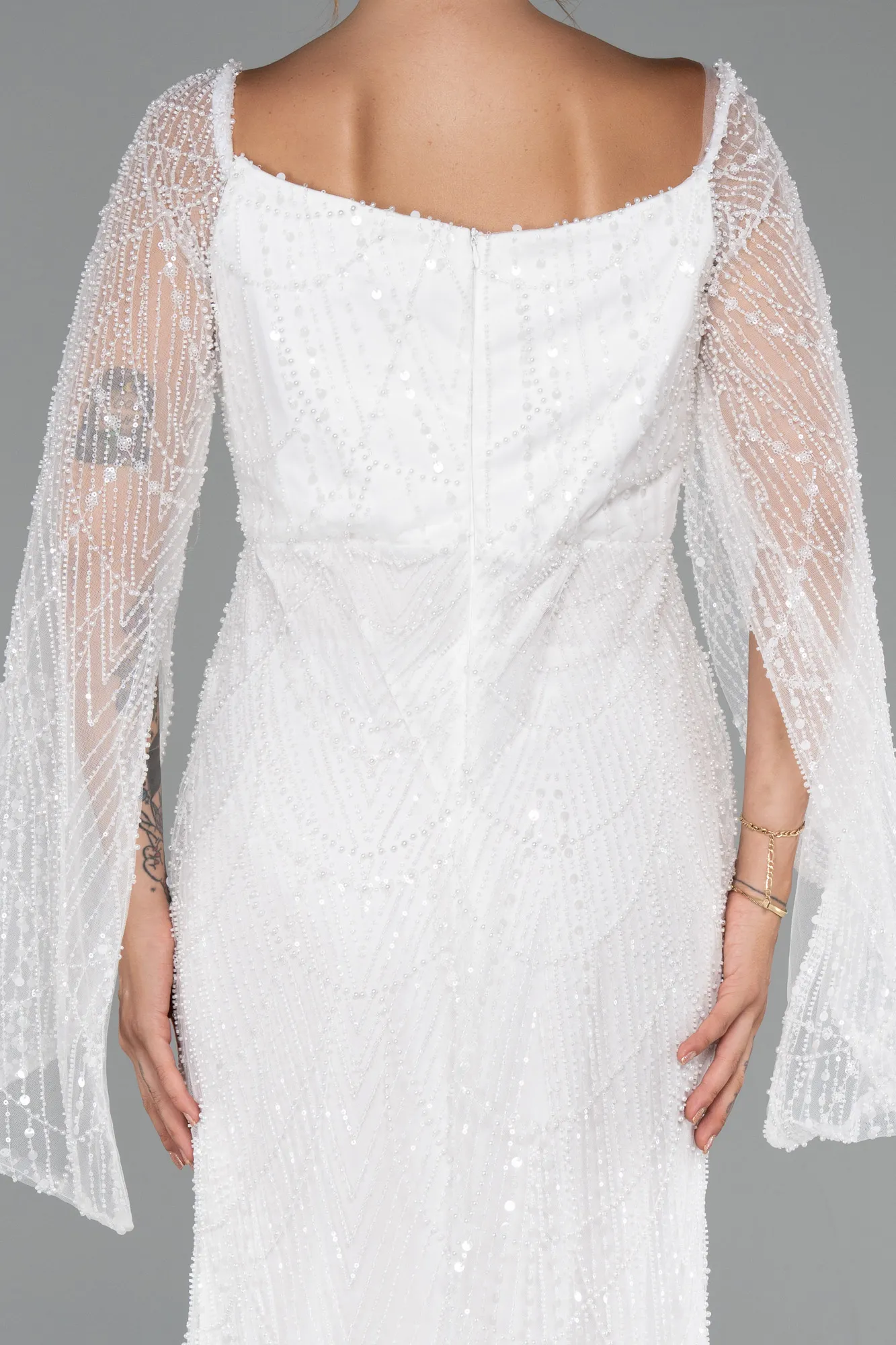 Ecru-Long Beaded Evening Dress ABU5066