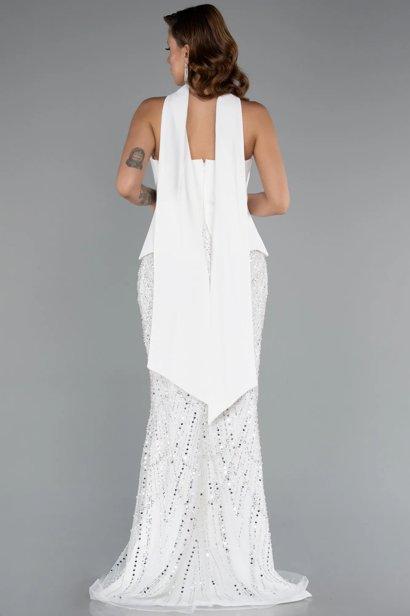 Ecru-Long Beaded Evening Dress ABU5131