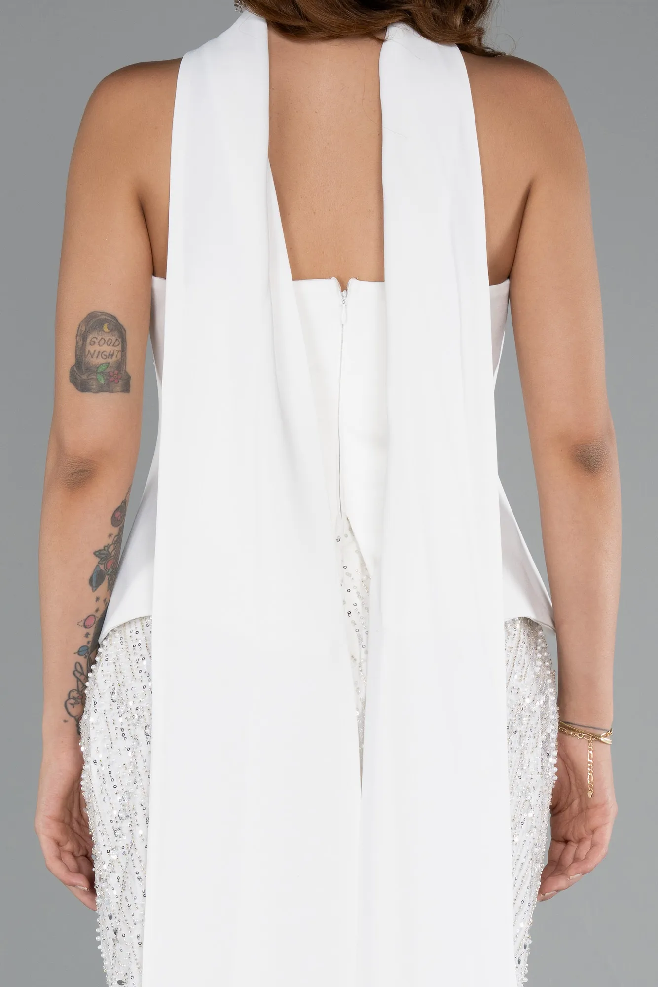 Ecru-Long Beaded Evening Dress ABU5131