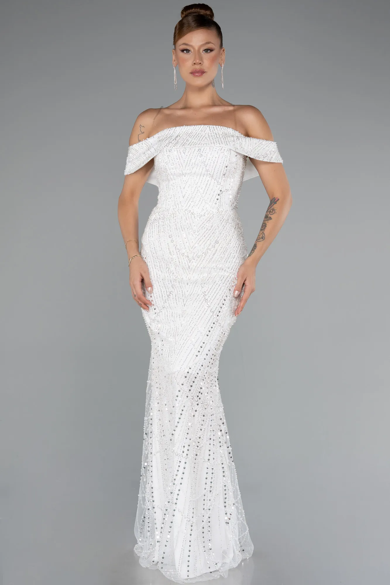 Ecru-Long Beaded Evening Dress ABU5137