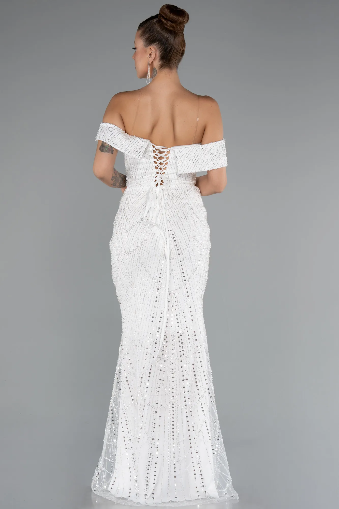 Ecru-Long Beaded Evening Dress ABU5137