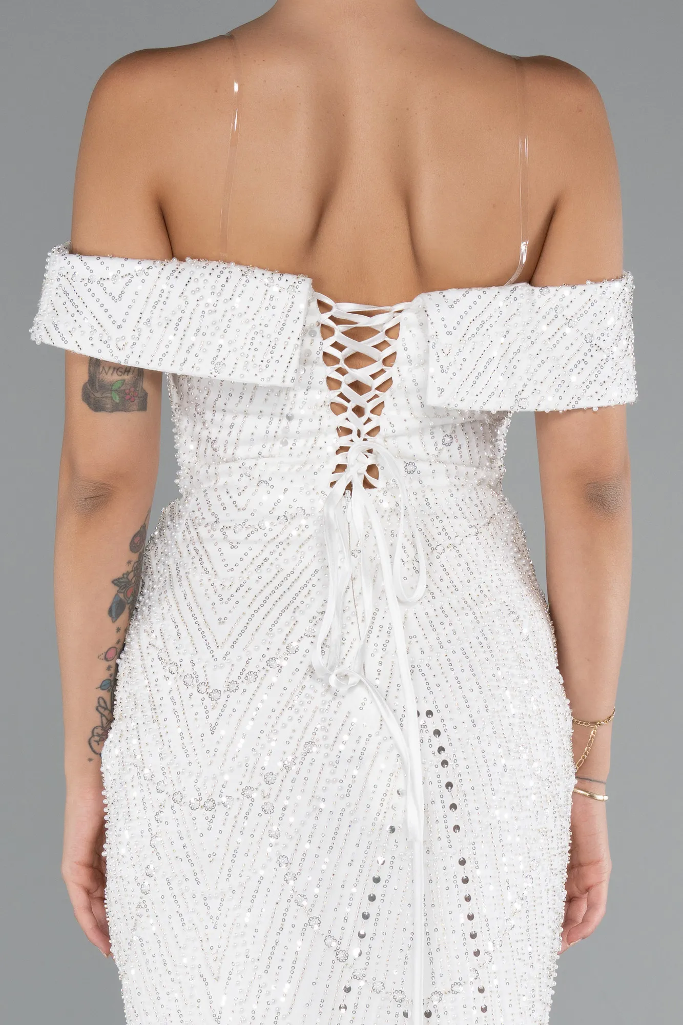 Ecru-Long Beaded Evening Dress ABU5137