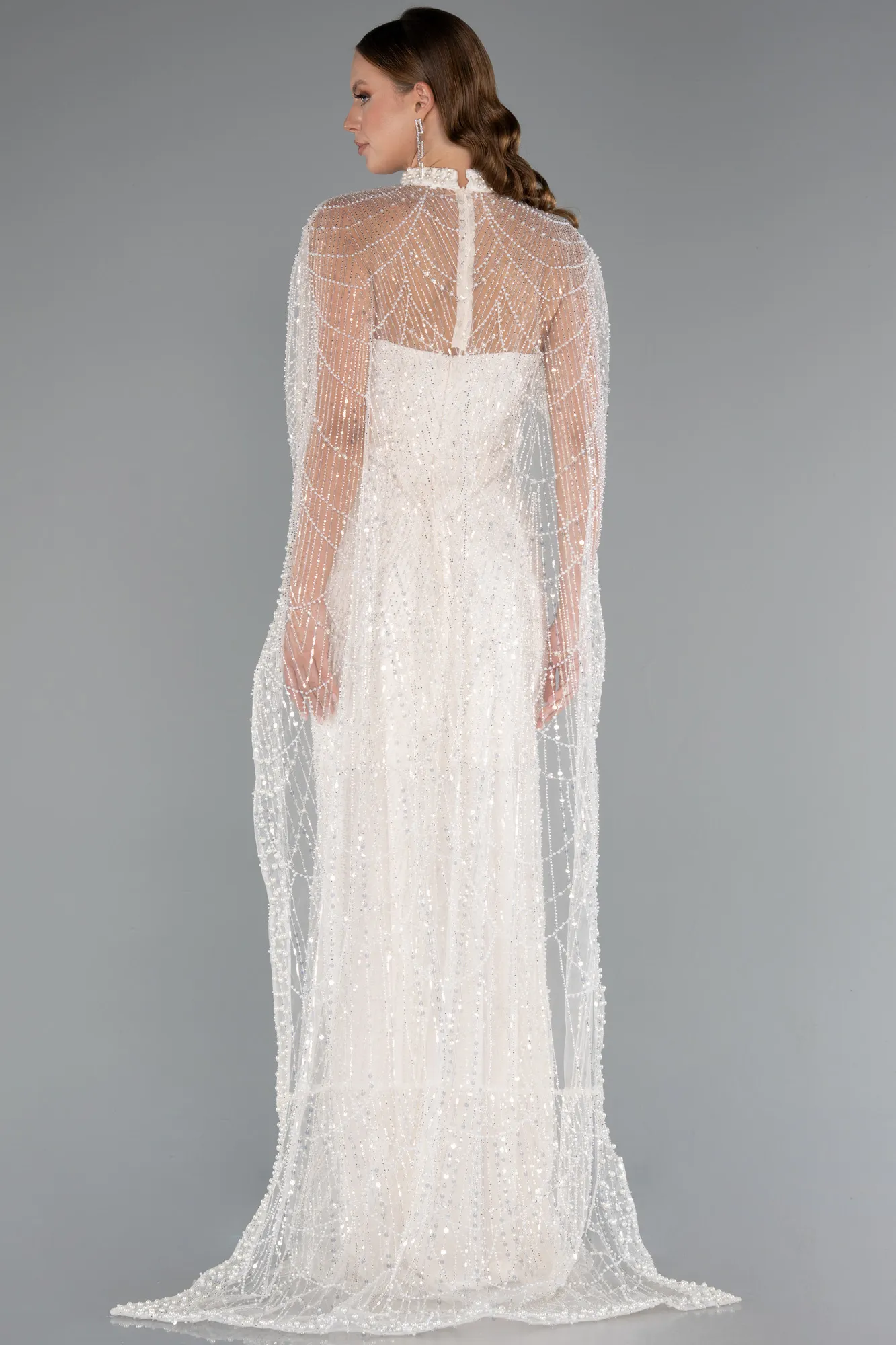 Ecru-Long Beaded Evening Dress ABU5141