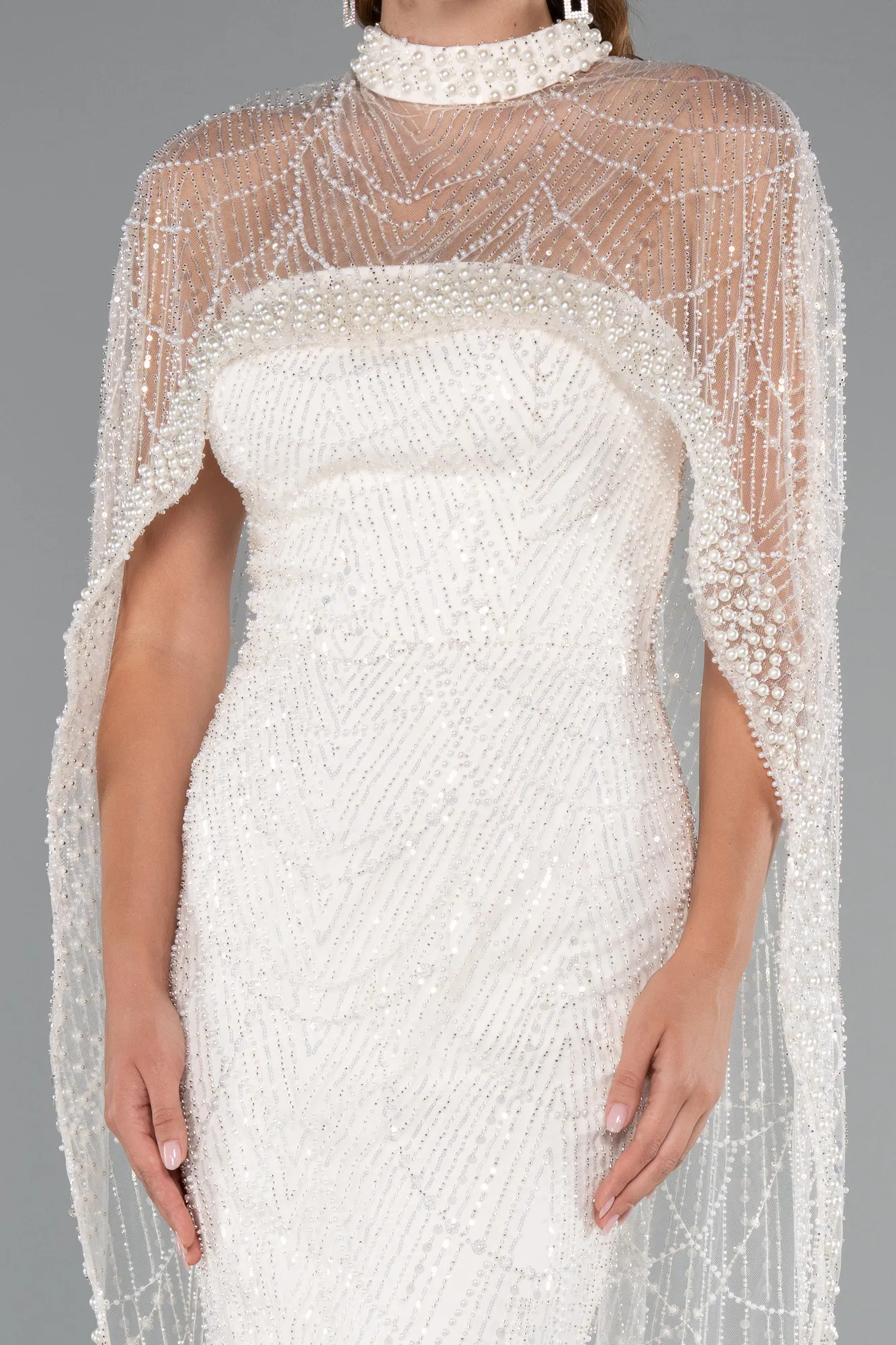 Ecru-Long Beaded Evening Dress ABU5141