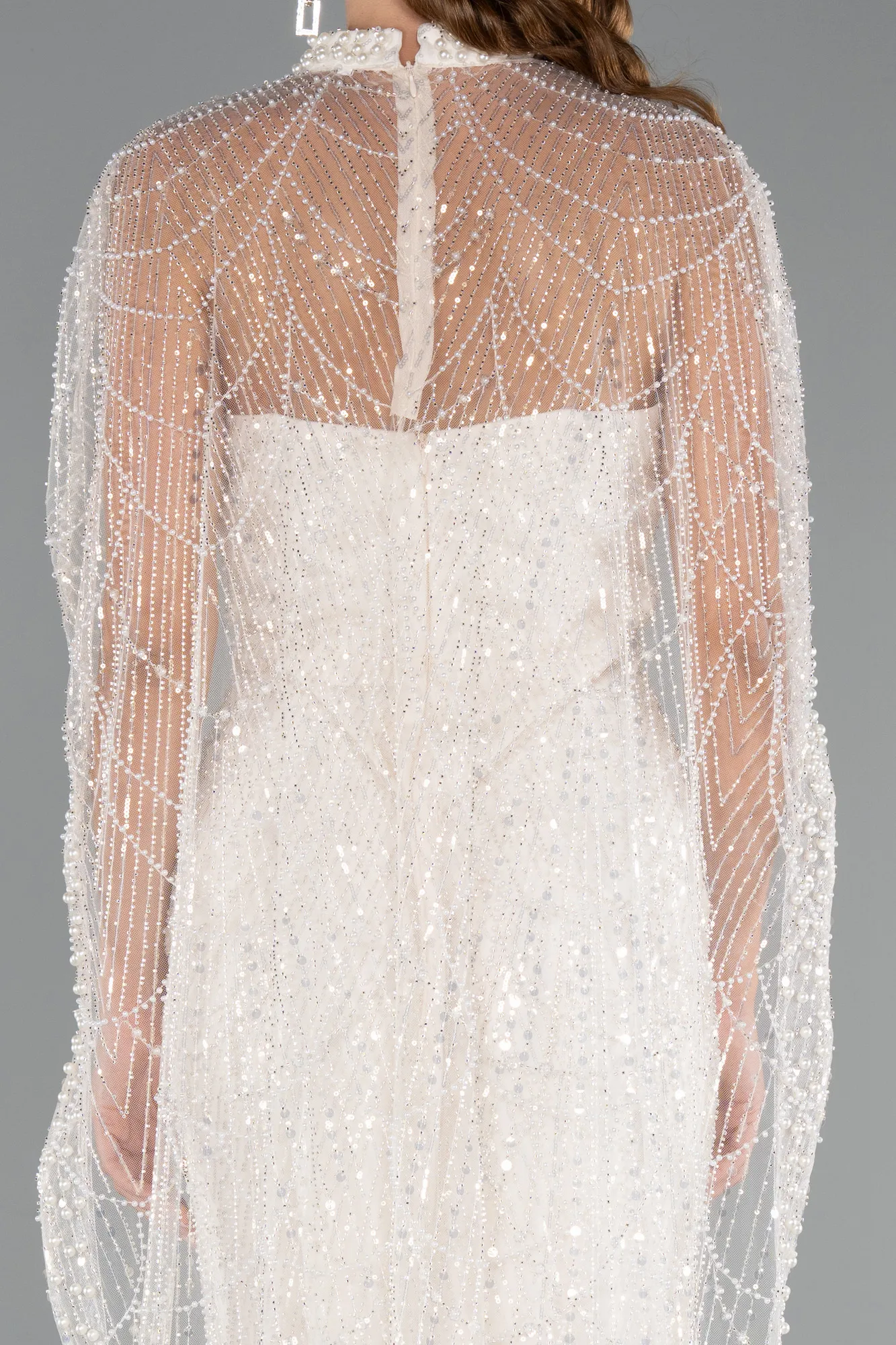 Ecru-Long Beaded Evening Dress ABU5141