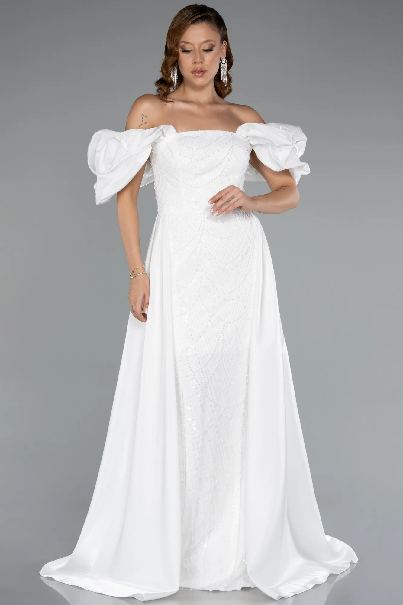 Ecru-Long Beaded Evening Dress ABU5154