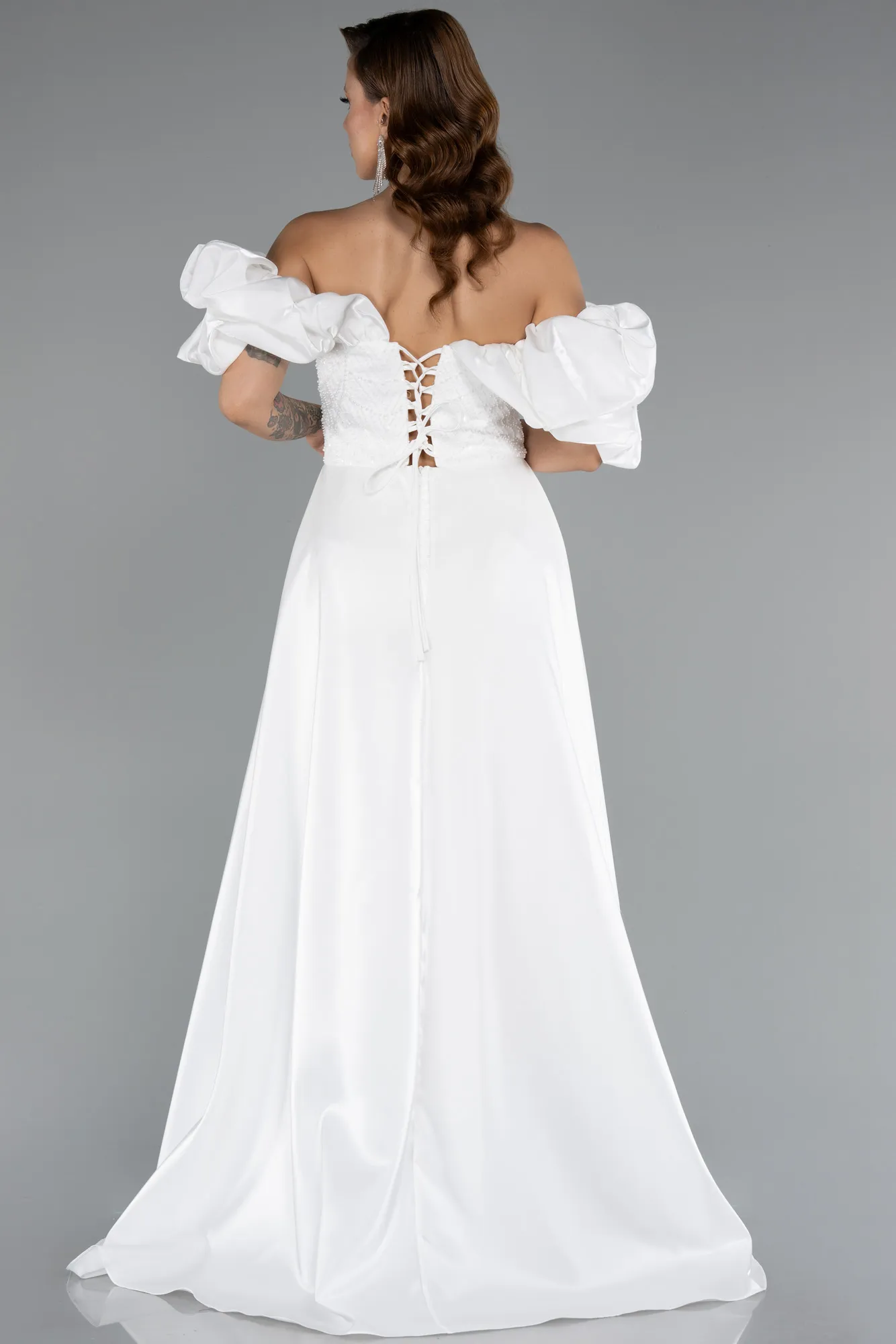 Ecru-Long Beaded Evening Dress ABU5154