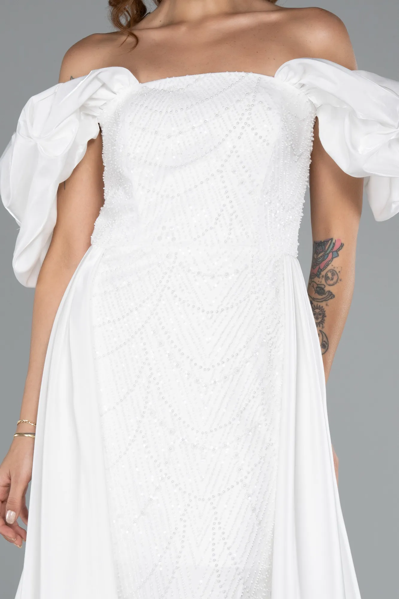 Ecru-Long Beaded Evening Dress ABU5154