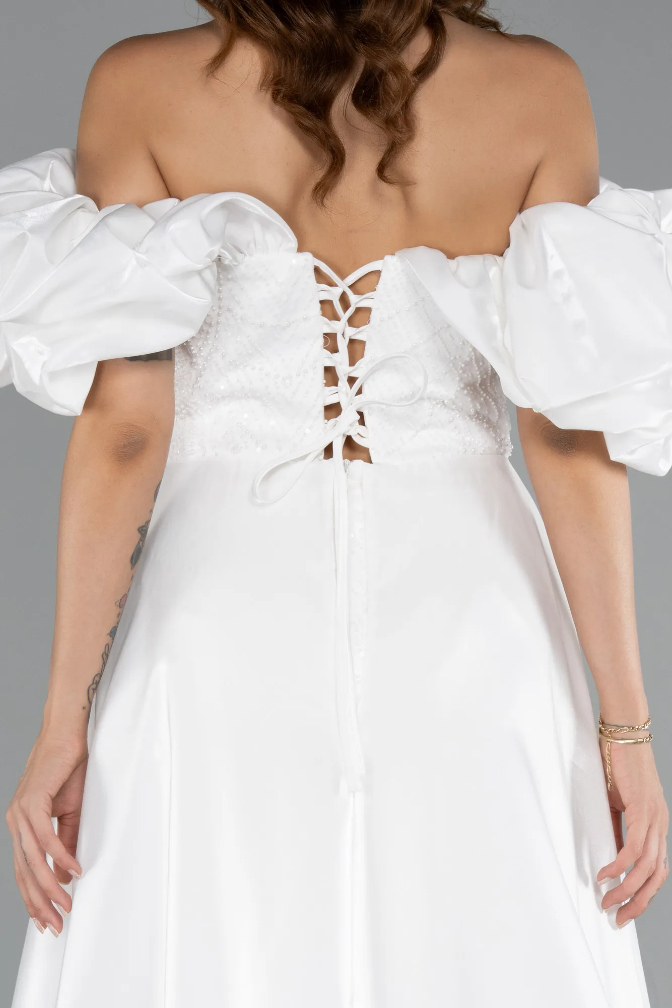 Ecru-Long Beaded Evening Dress ABU5154