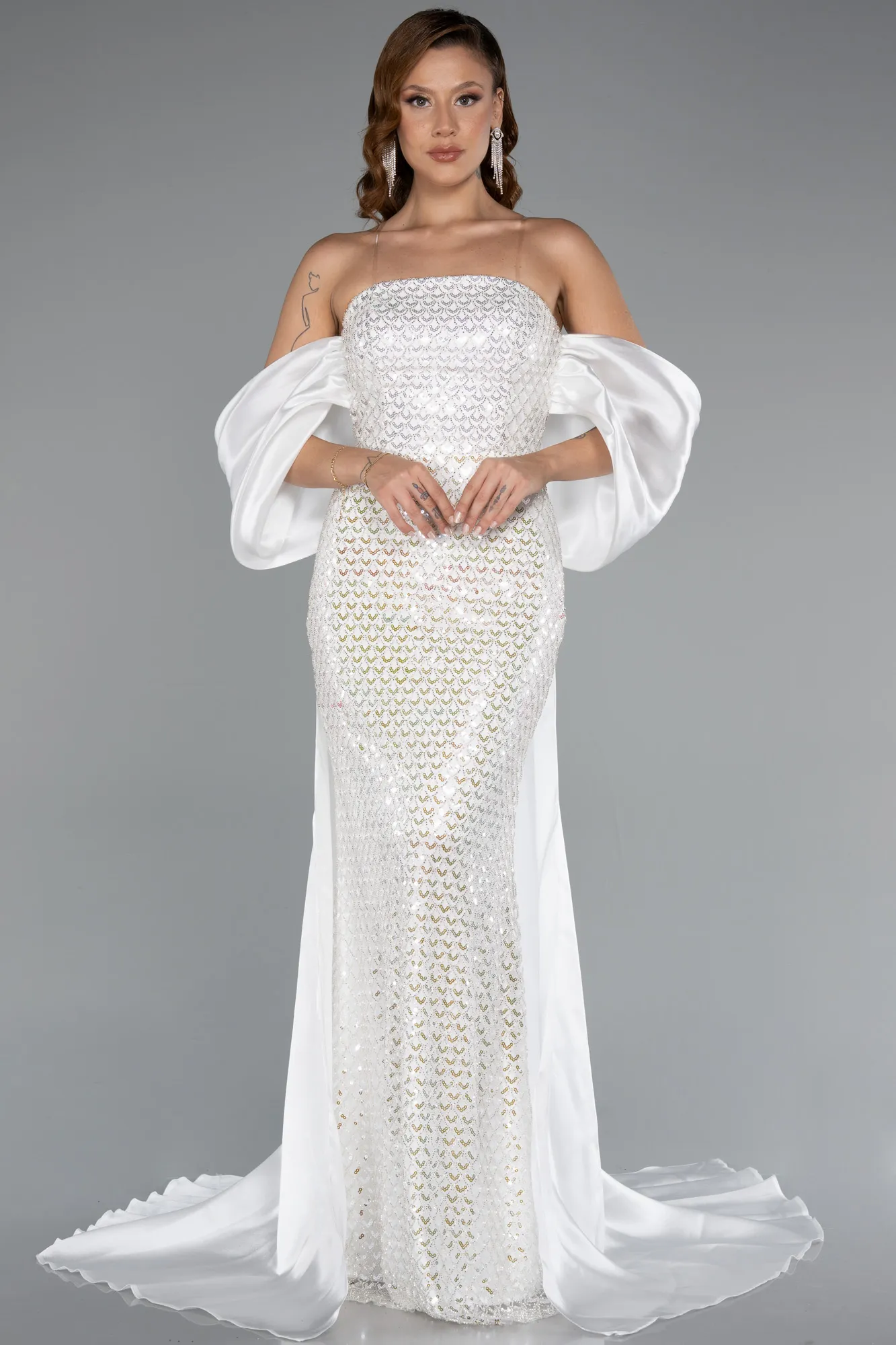 Ecru-Long Beaded Evening Dress ABU5169