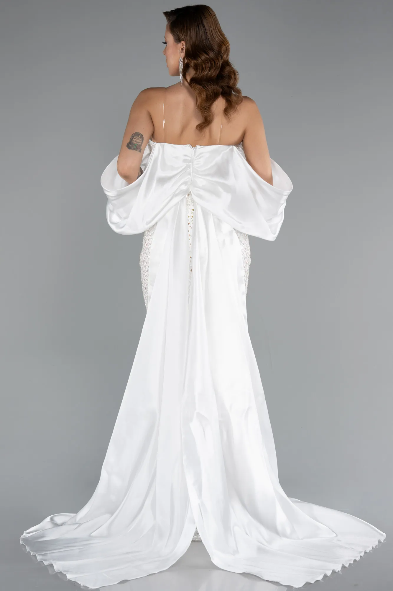 Ecru-Long Beaded Evening Dress ABU5169