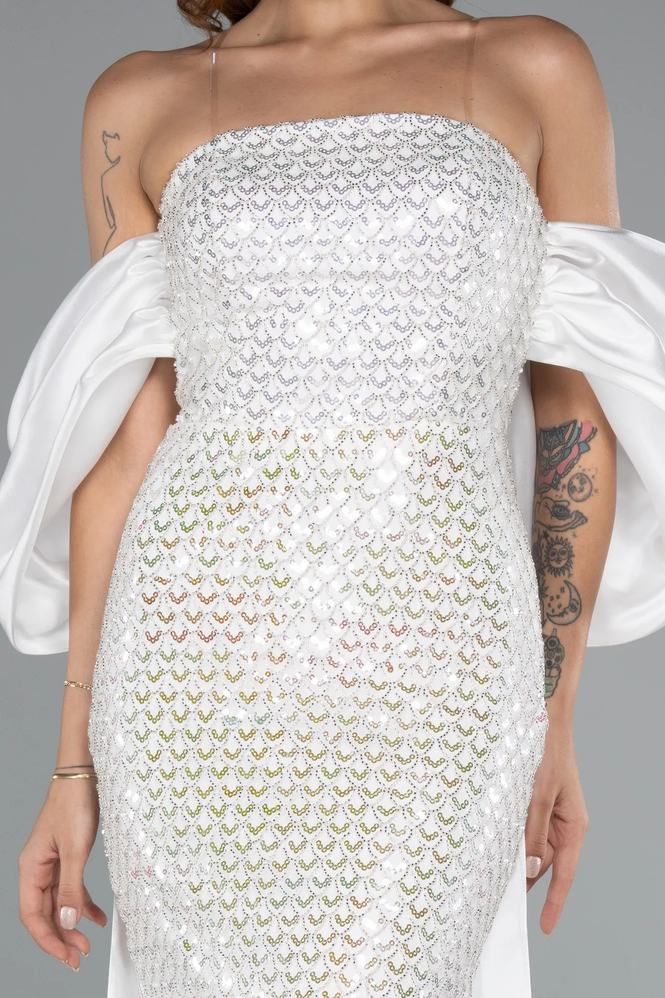 Ecru-Long Beaded Evening Dress ABU5169