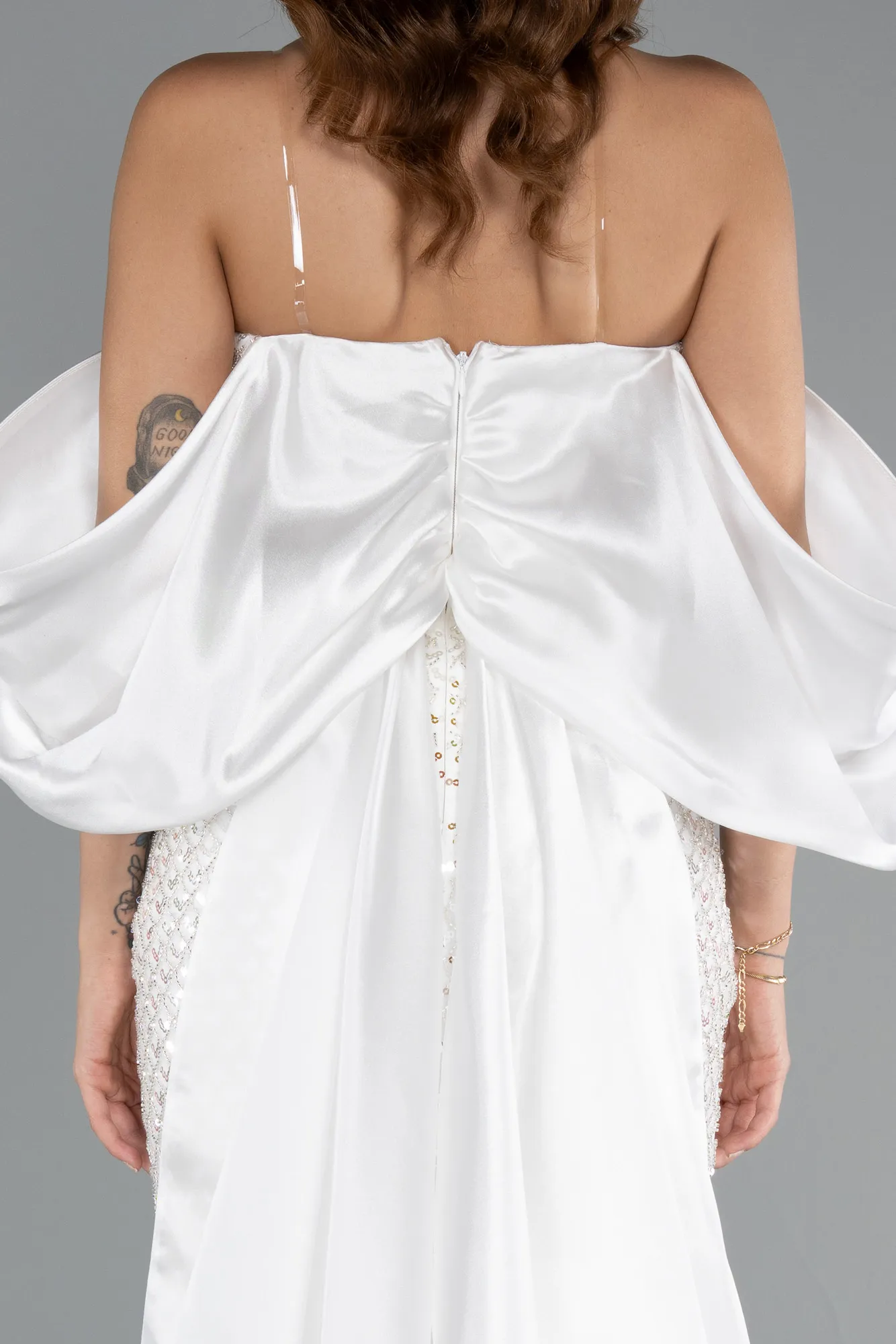 Ecru-Long Beaded Evening Dress ABU5169