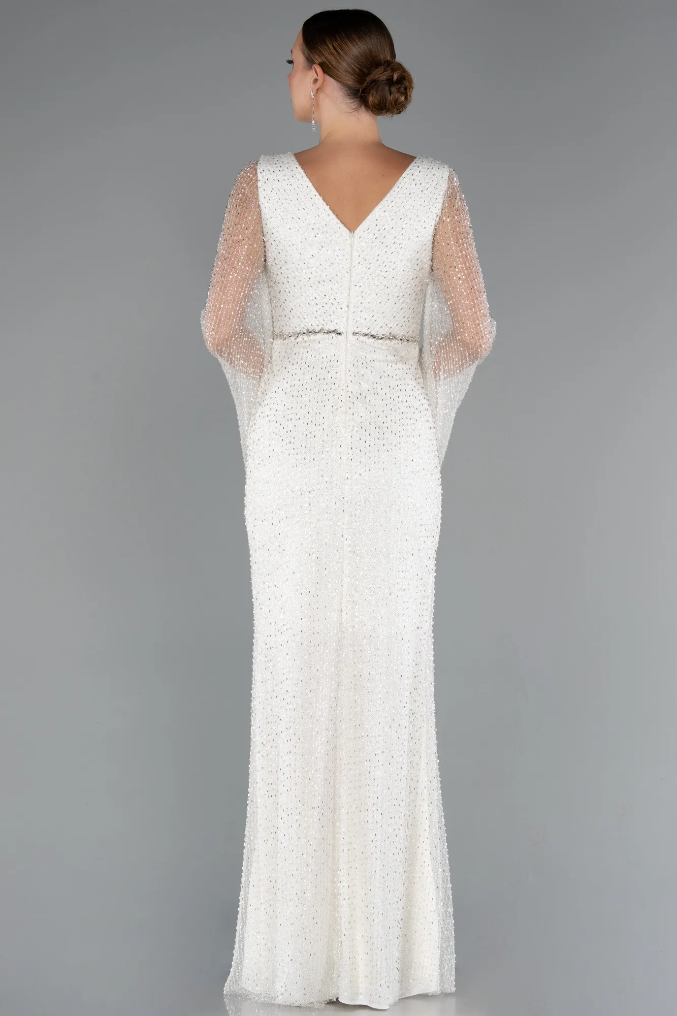 Ecru-Long Beaded Evening Dress ABU5230