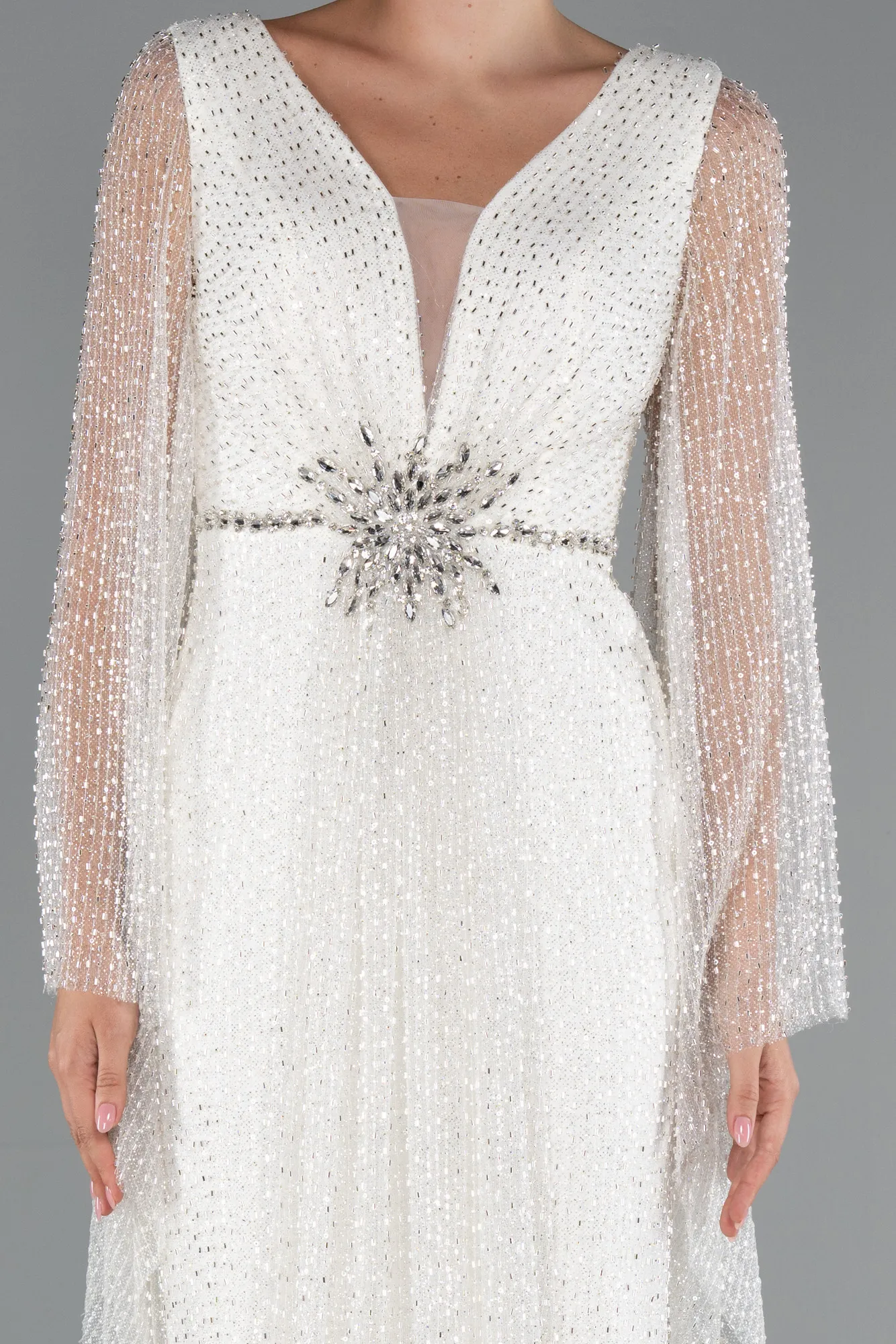 Ecru-Long Beaded Evening Dress ABU5230