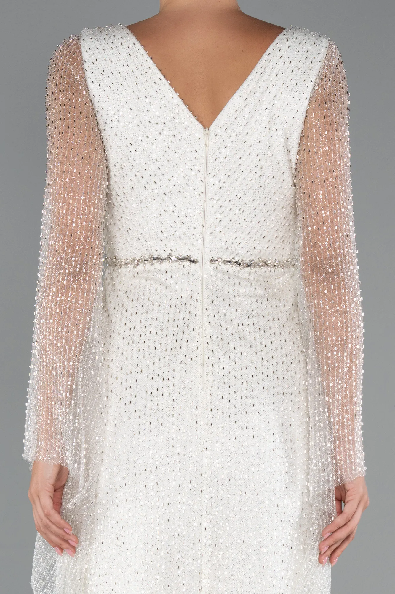 Ecru-Long Beaded Evening Dress ABU5230