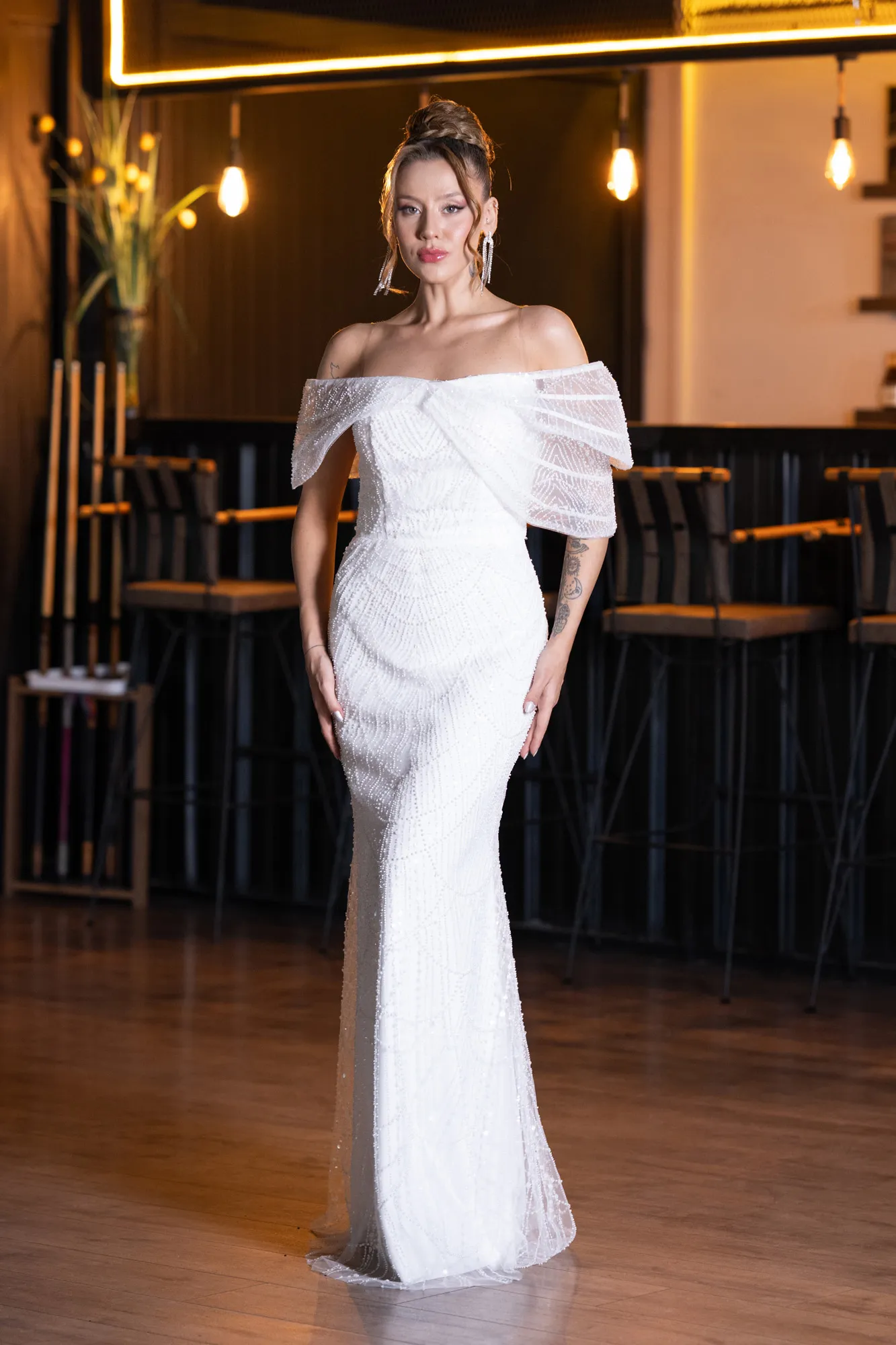 Ecru-Long Beaded Evening Dress ABU5371