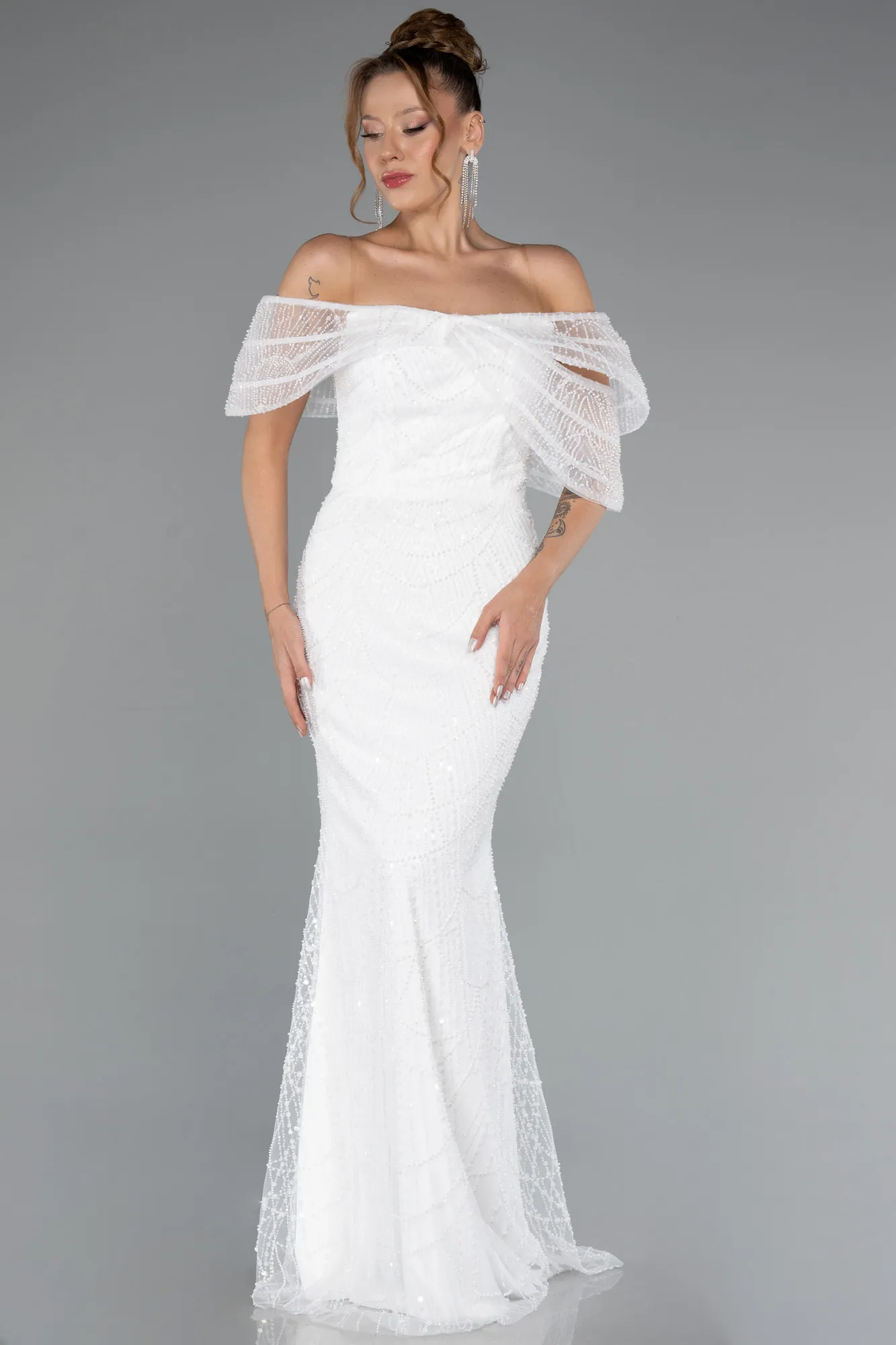 Ecru-Long Beaded Evening Dress ABU5371