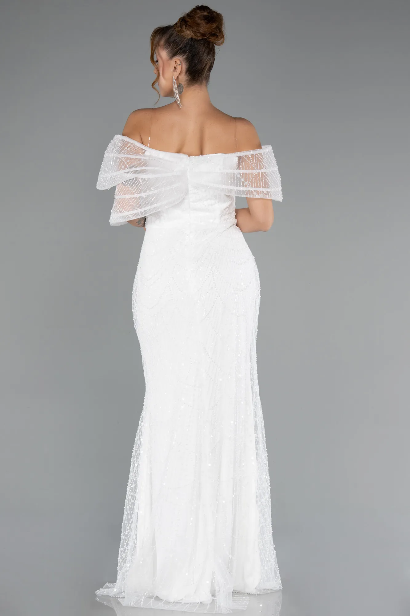 Ecru-Long Beaded Evening Dress ABU5371