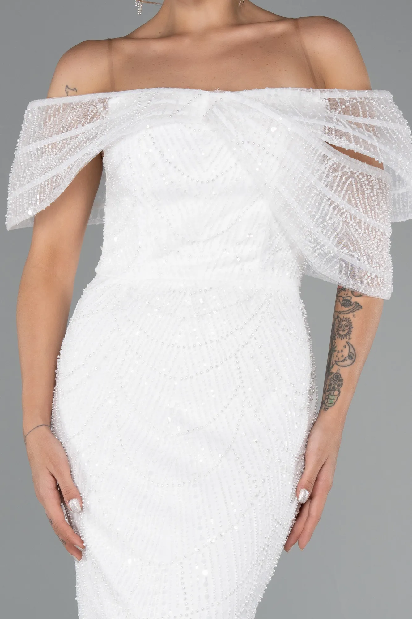 Ecru-Long Beaded Evening Dress ABU5371