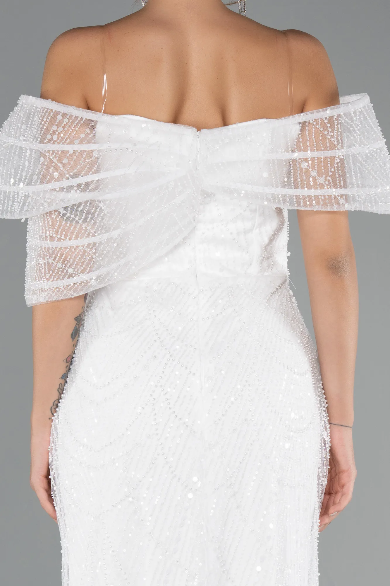 Ecru-Long Beaded Evening Dress ABU5371