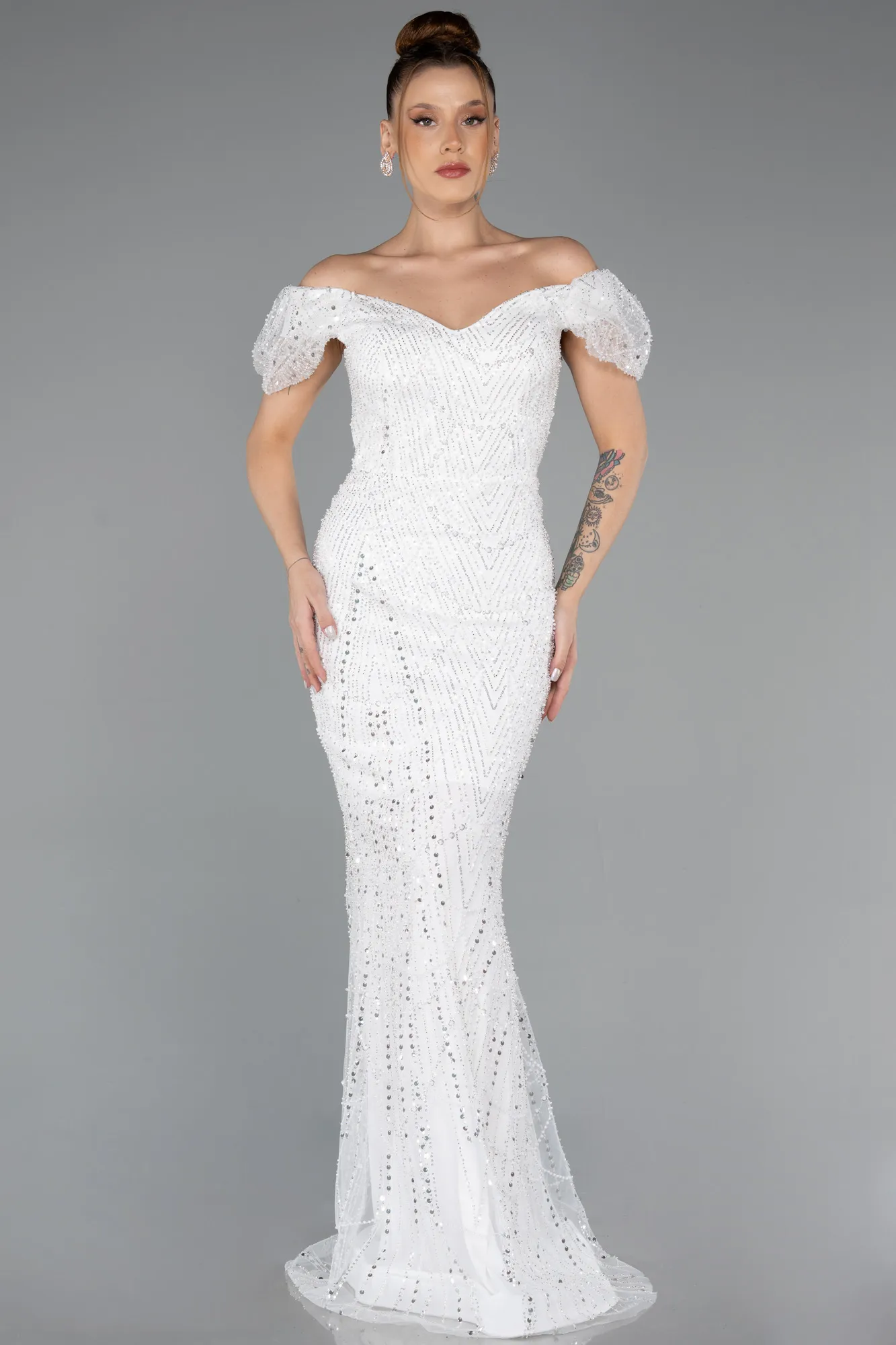 Ecru-Long Beaded Evening Dress ABU5404