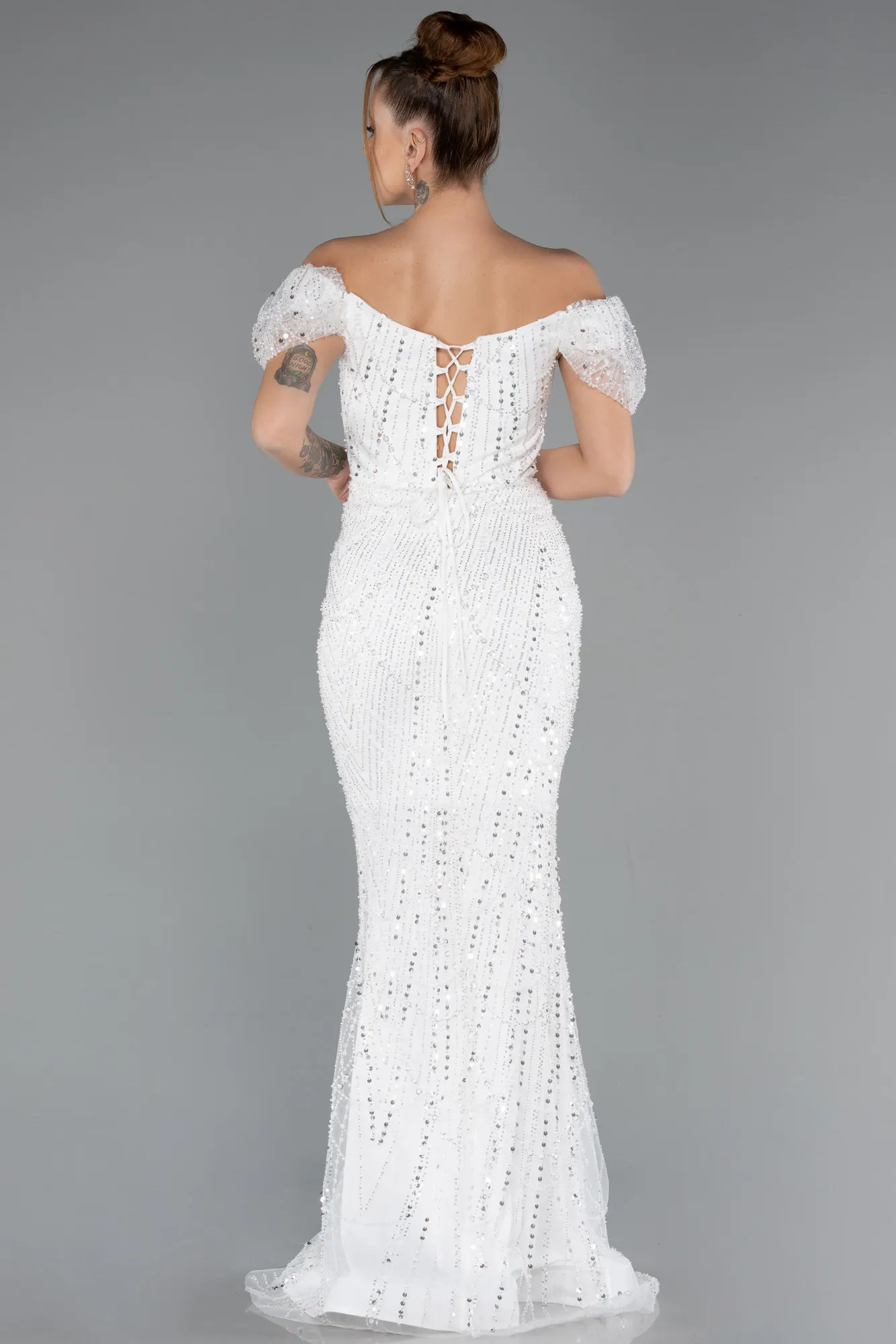 Ecru-Long Beaded Evening Dress ABU5404