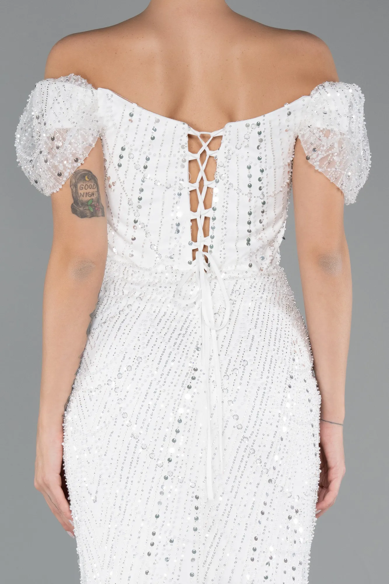 Ecru-Long Beaded Evening Dress ABU5404