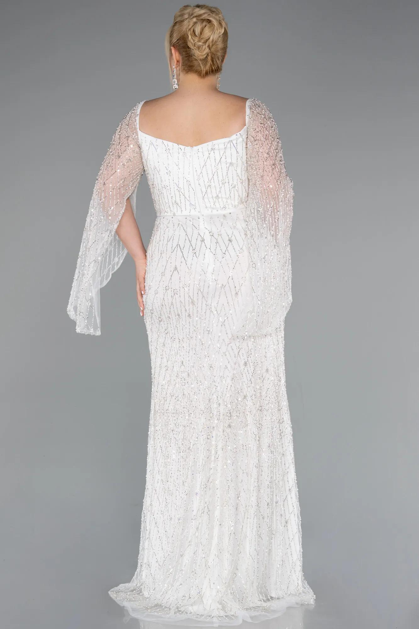 Ecru-Long Beaded Plus Size Engagement Dress ABU4640