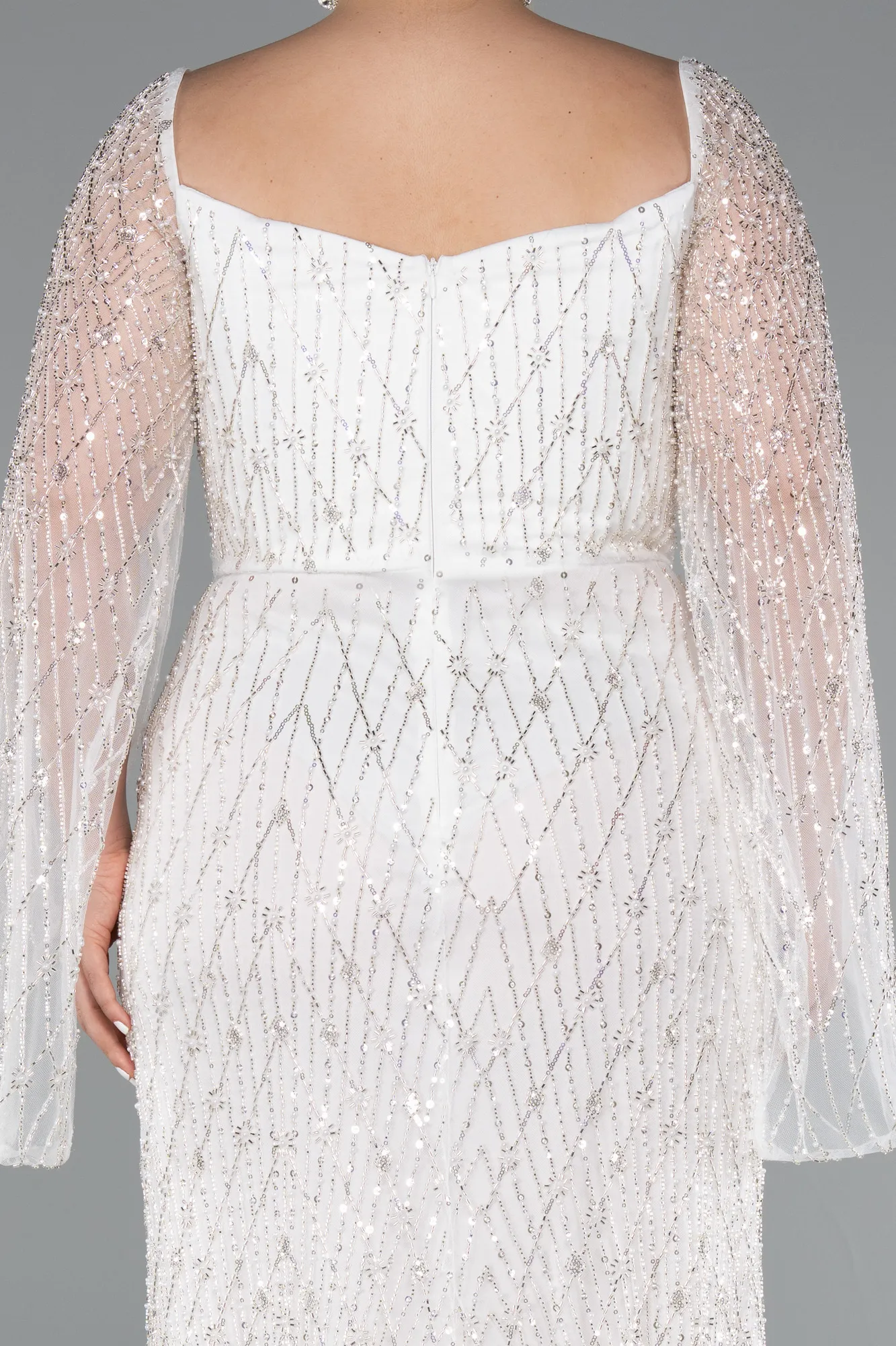 Ecru-Long Beaded Plus Size Engagement Dress ABU4640