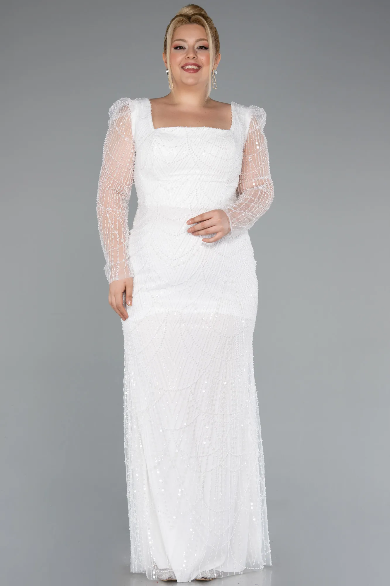 Ecru-Long Beaded Plus Size Engagement Dress ABU4761