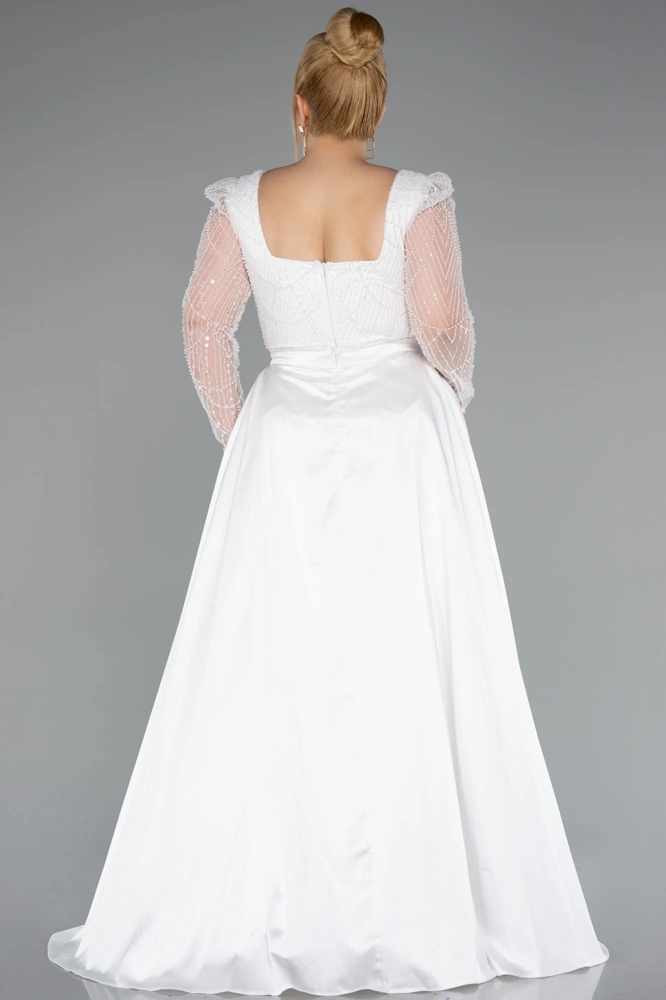 Ecru-Long Beaded Plus Size Engagement Dress ABU4761