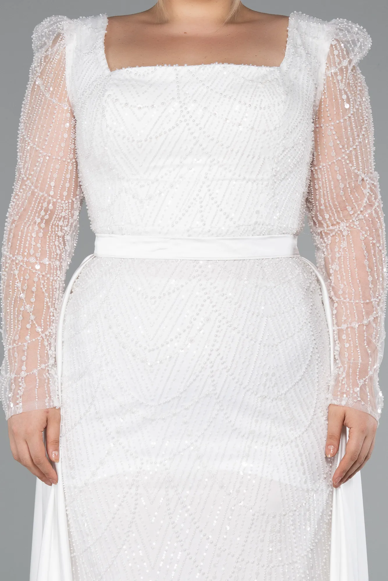 Ecru-Long Beaded Plus Size Engagement Dress ABU4761