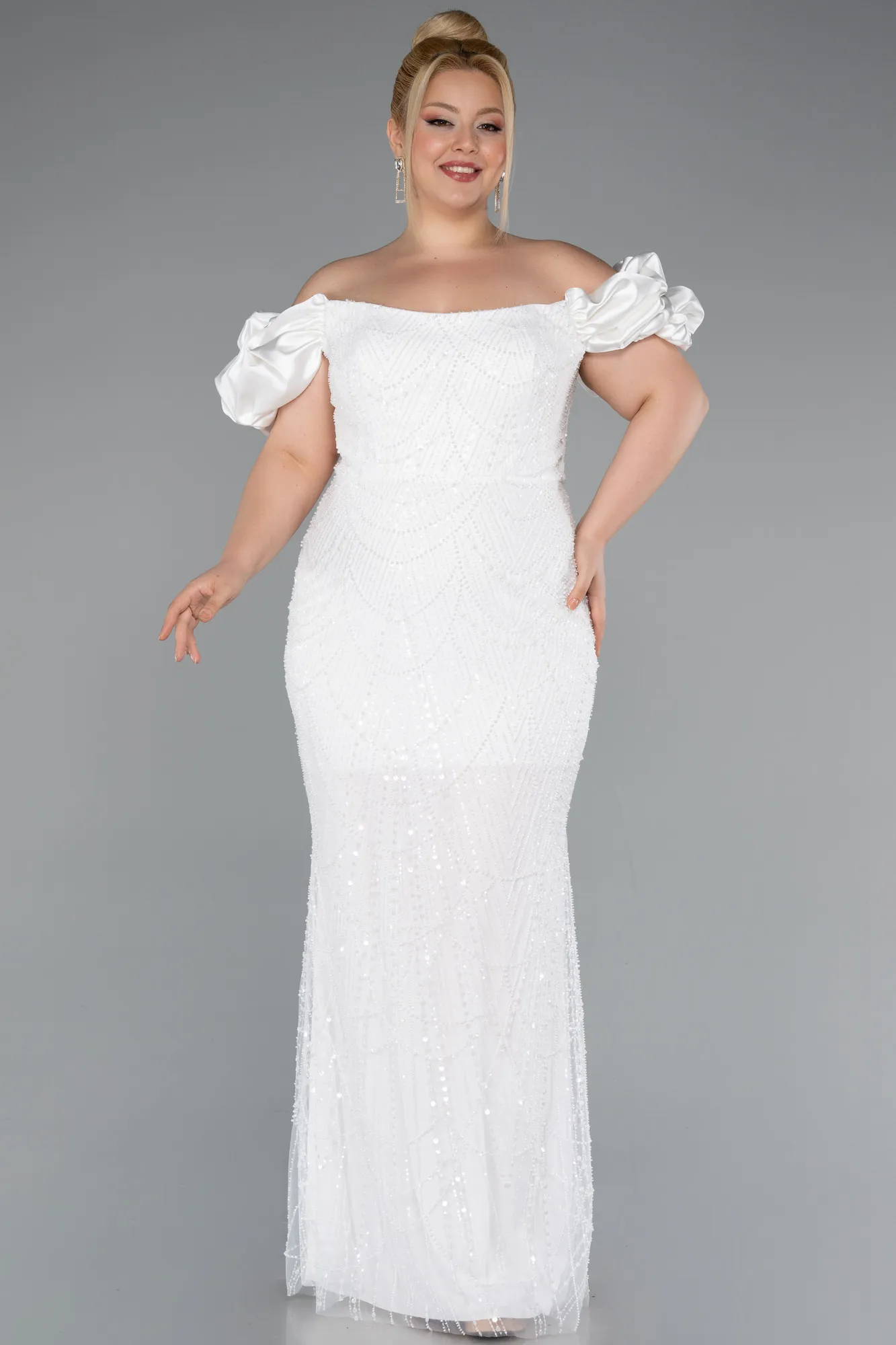 Ecru-Long Beaded Plus Size Engagement Dress ABU4788