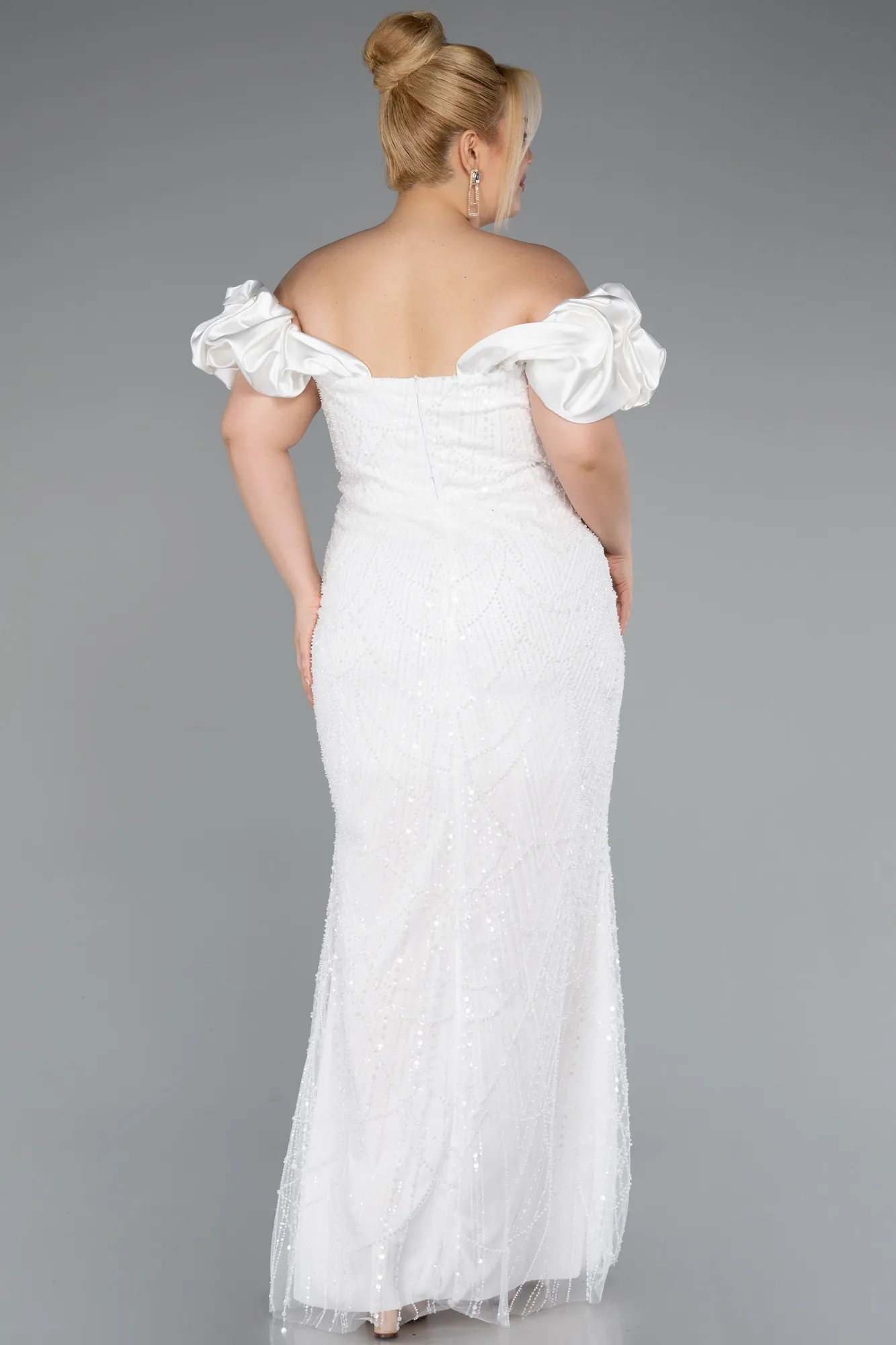 Ecru-Long Beaded Plus Size Engagement Dress ABU4788