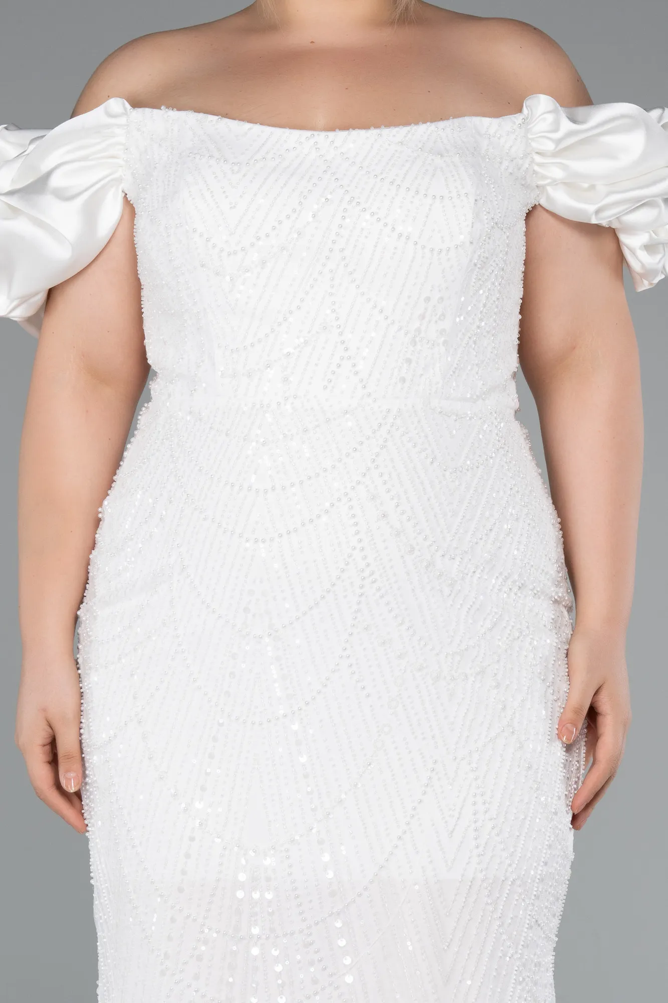 Ecru-Long Beaded Plus Size Engagement Dress ABU4788