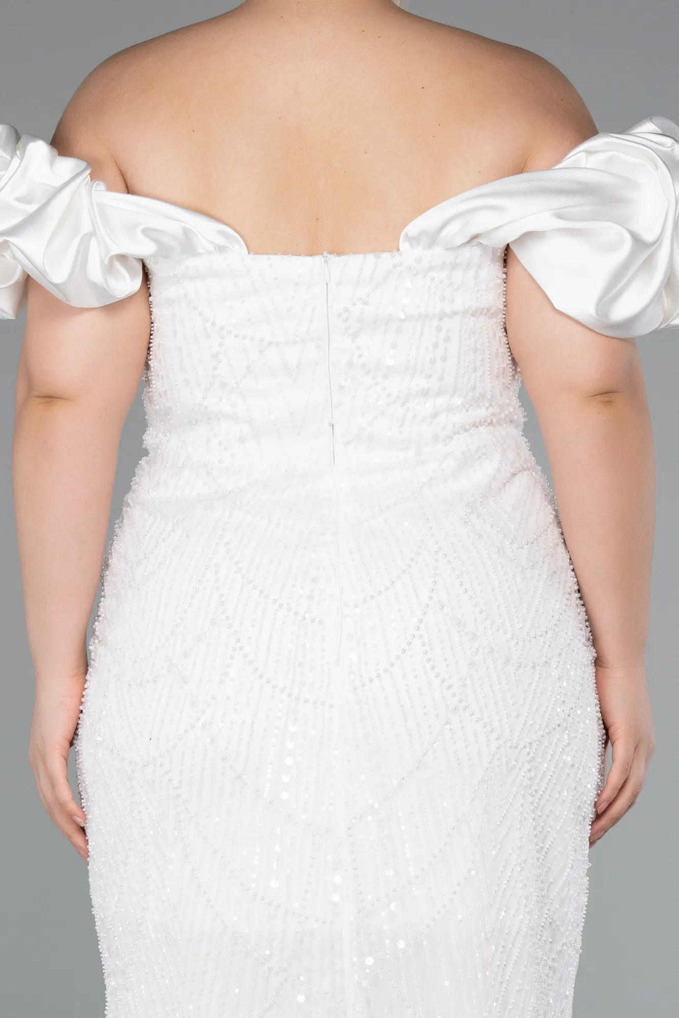 Ecru-Long Beaded Plus Size Engagement Dress ABU4788