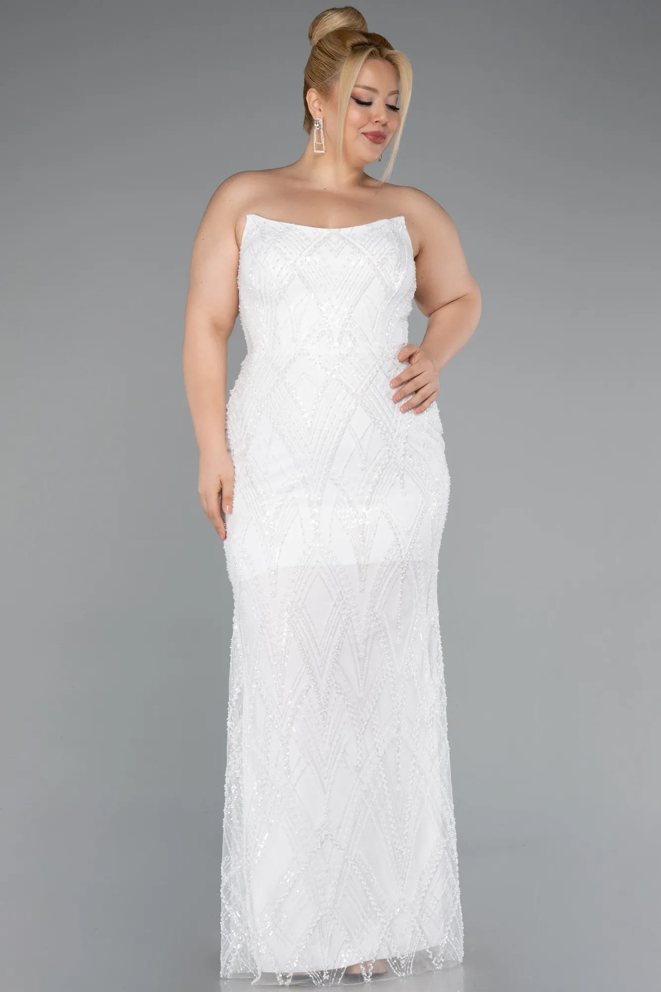 Ecru-Long Beaded Plus Size Evening Dress ABU4789