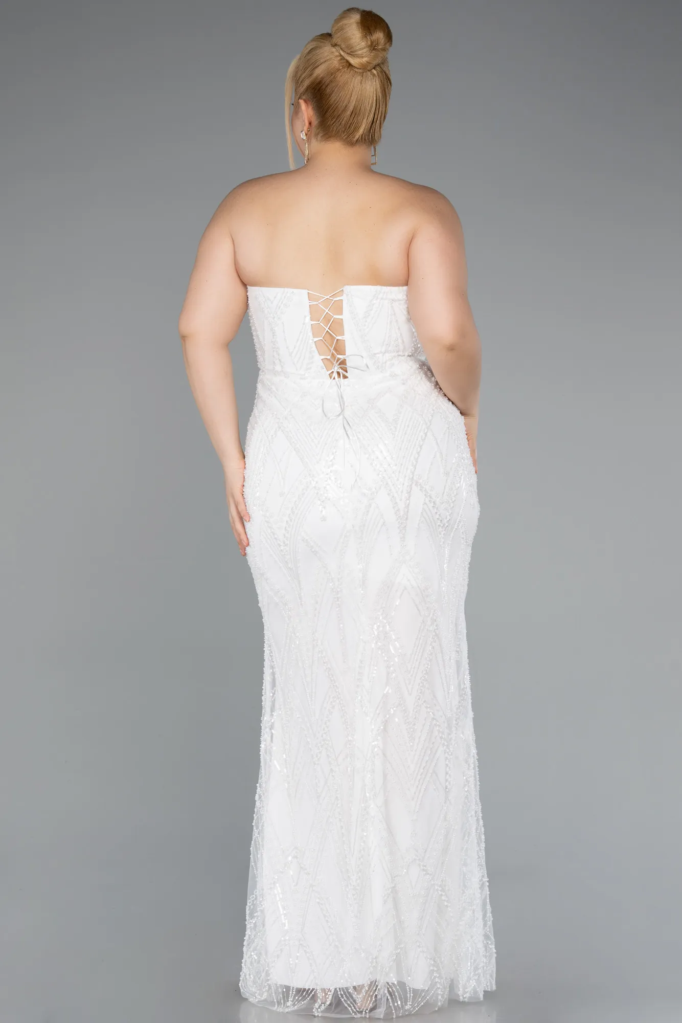 Ecru-Long Beaded Plus Size Evening Dress ABU4789