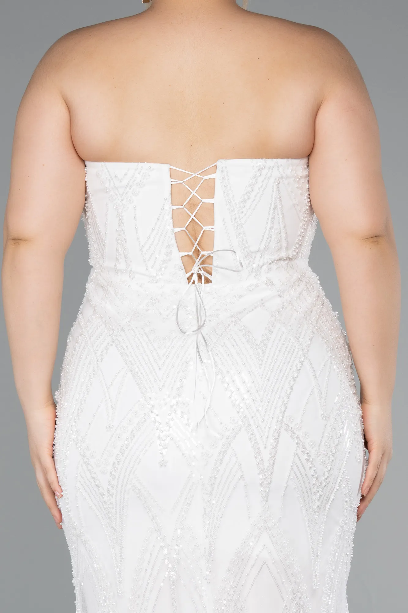 Ecru-Long Beaded Plus Size Evening Dress ABU4789