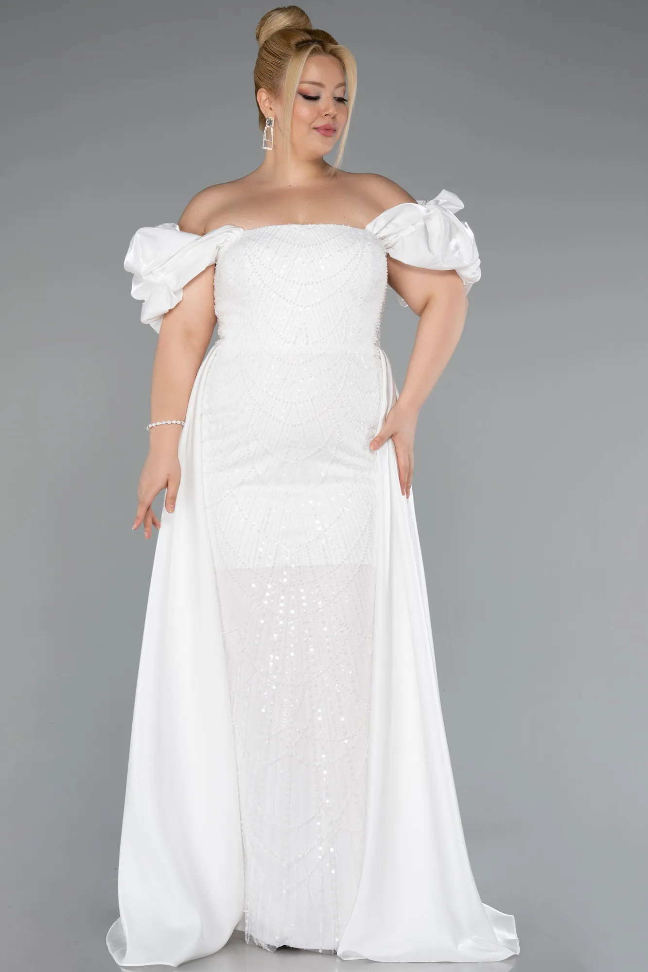 Ecru-Long Beaded Plus Size Evening Dress ABU5155