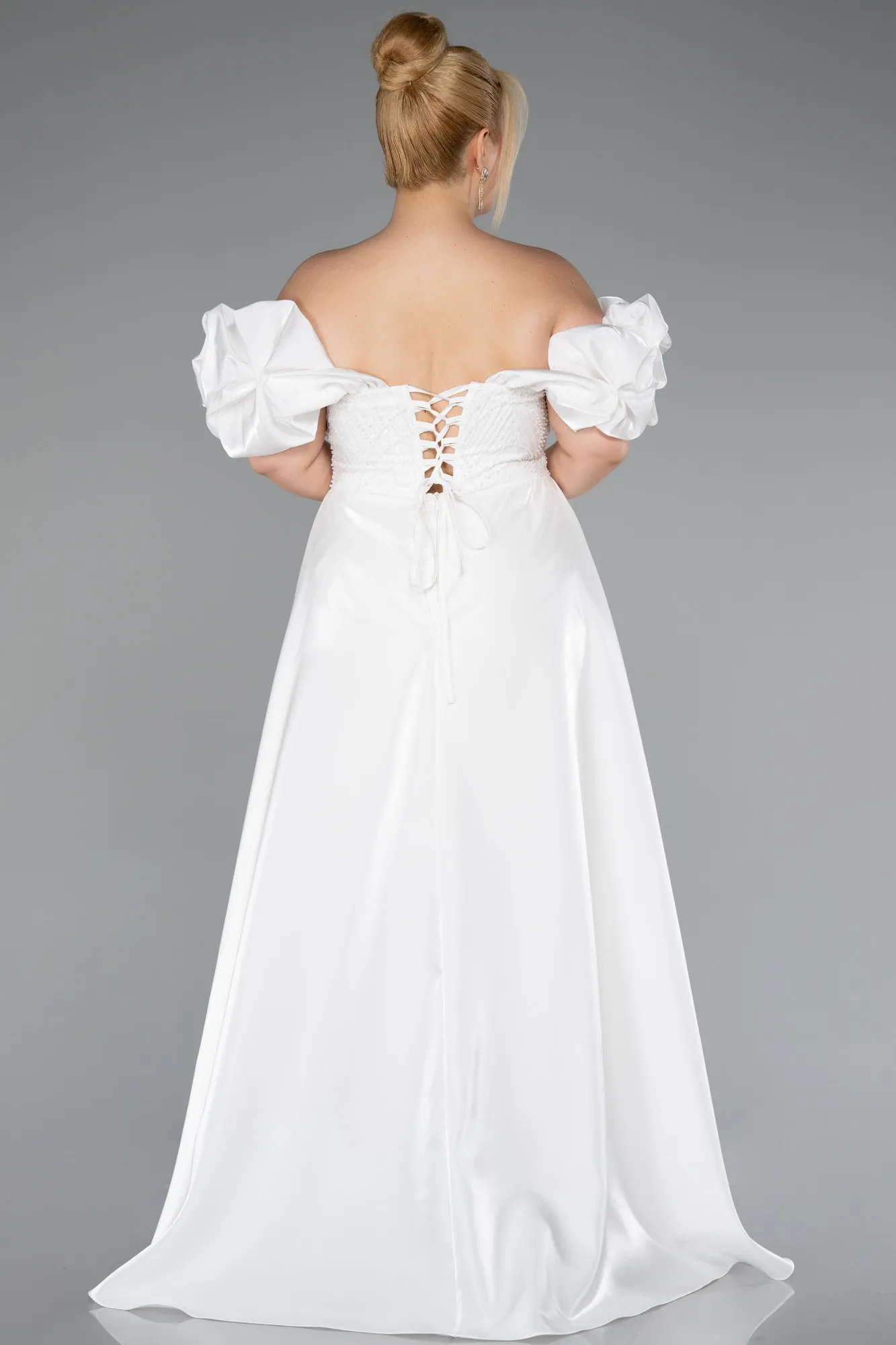 Ecru-Long Beaded Plus Size Evening Dress ABU5155