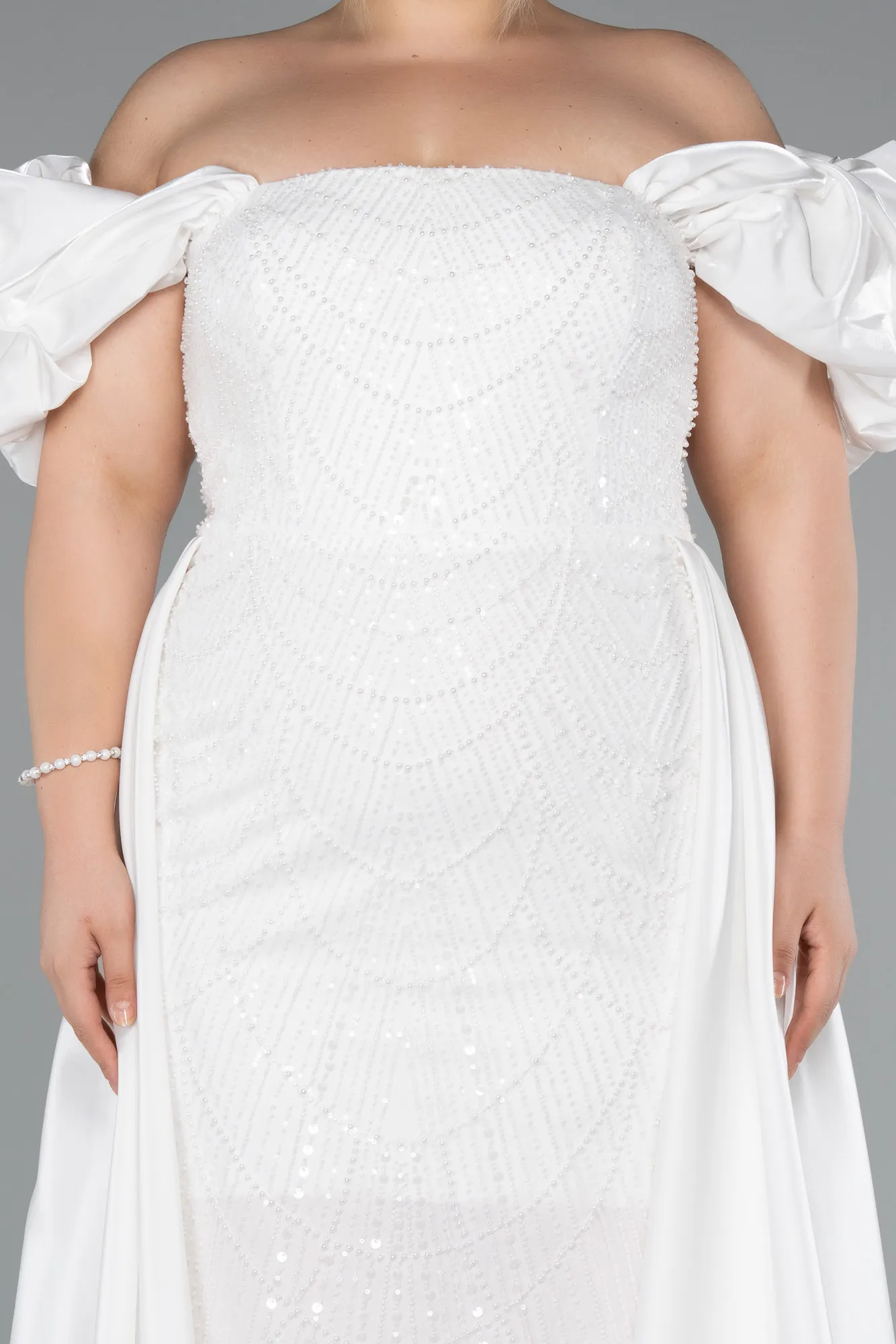 Ecru-Long Beaded Plus Size Evening Dress ABU5155