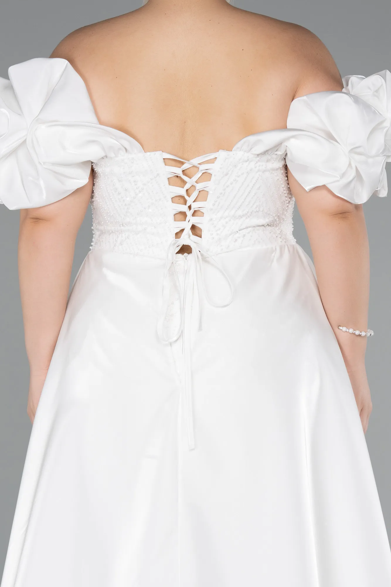 Ecru-Long Beaded Plus Size Evening Dress ABU5155